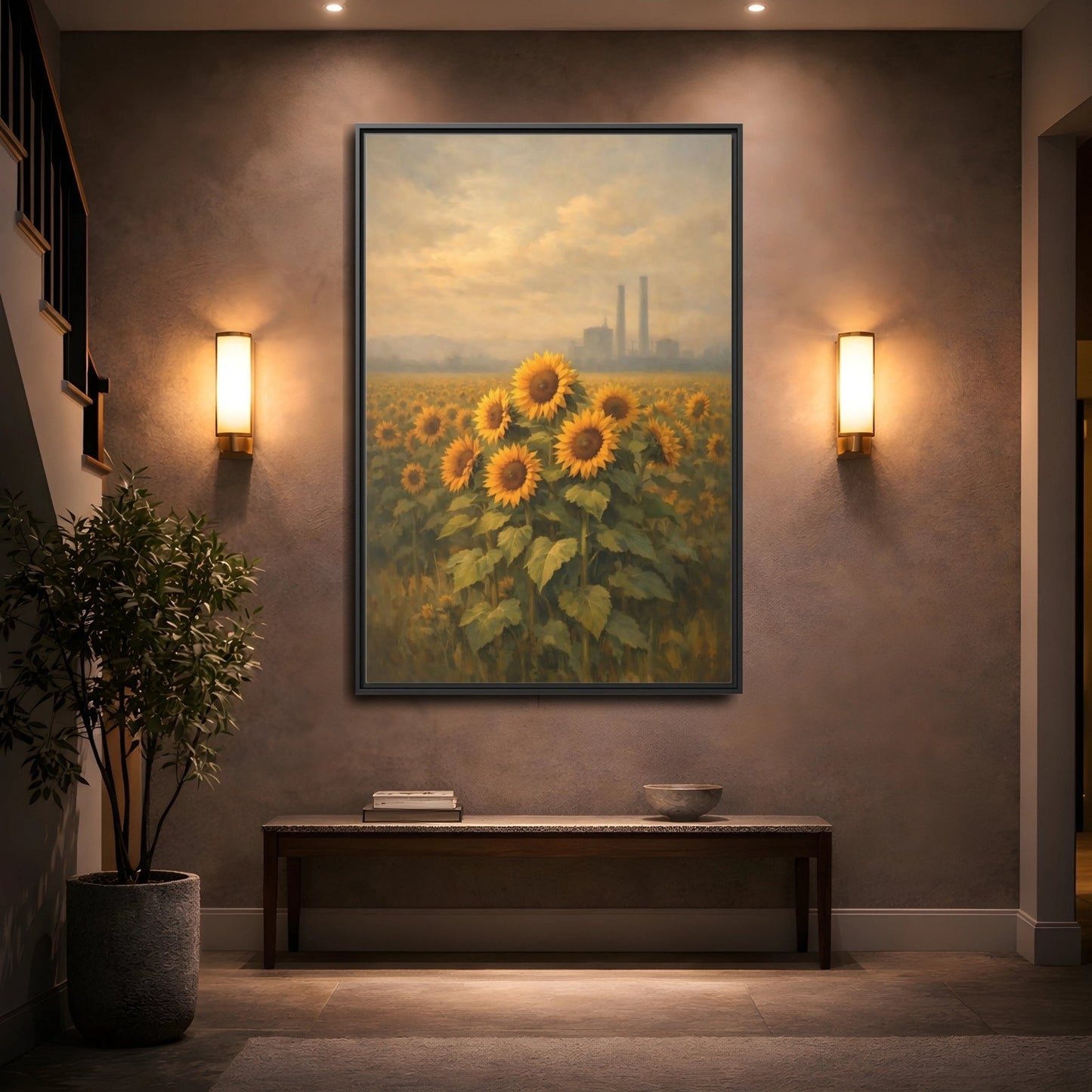 Nature Sunflower Field Yellow - Framed Canvas Wall Art Print - YesArtYes