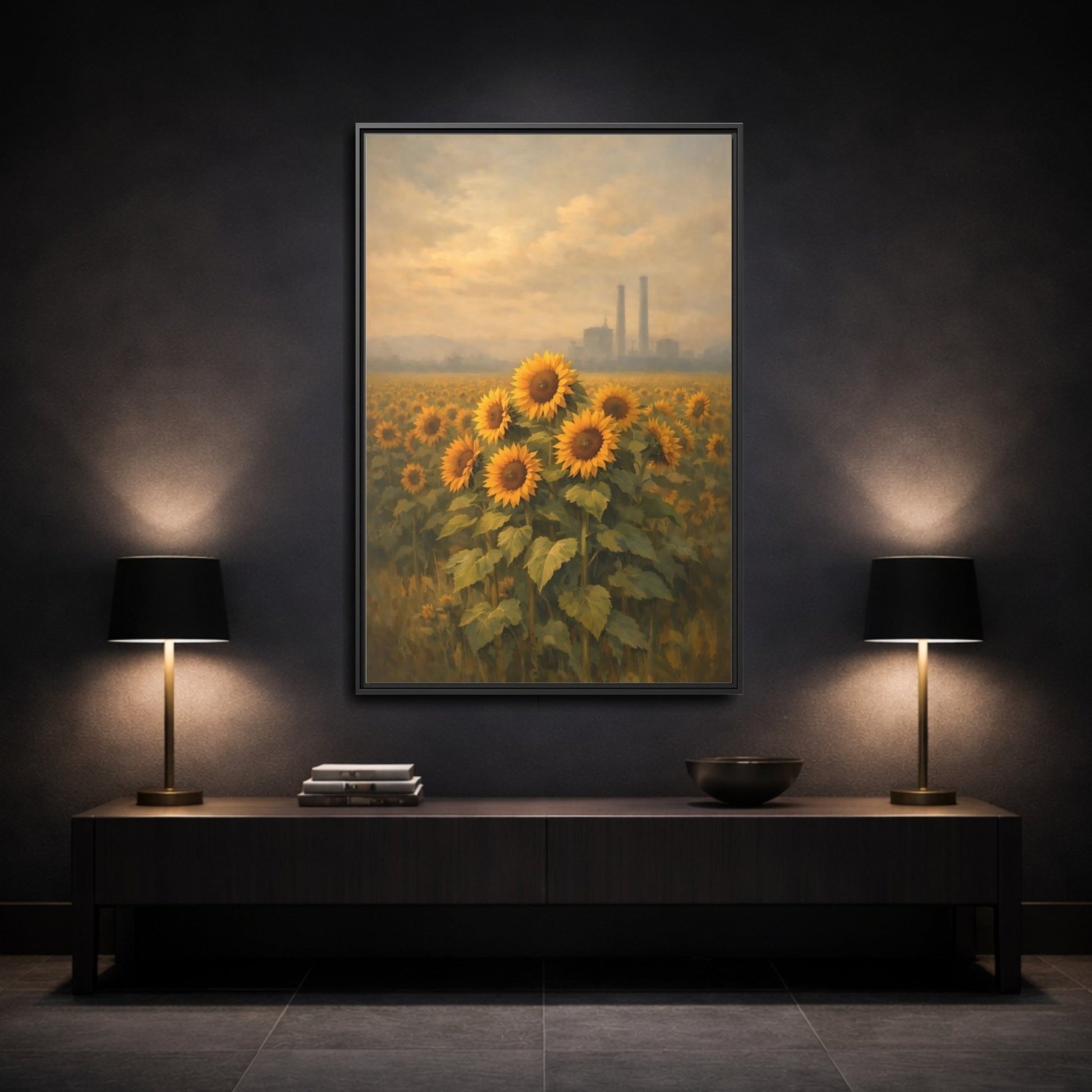 Nature Sunflower Field Yellow - Framed Canvas Wall Art Print - YesArtYes