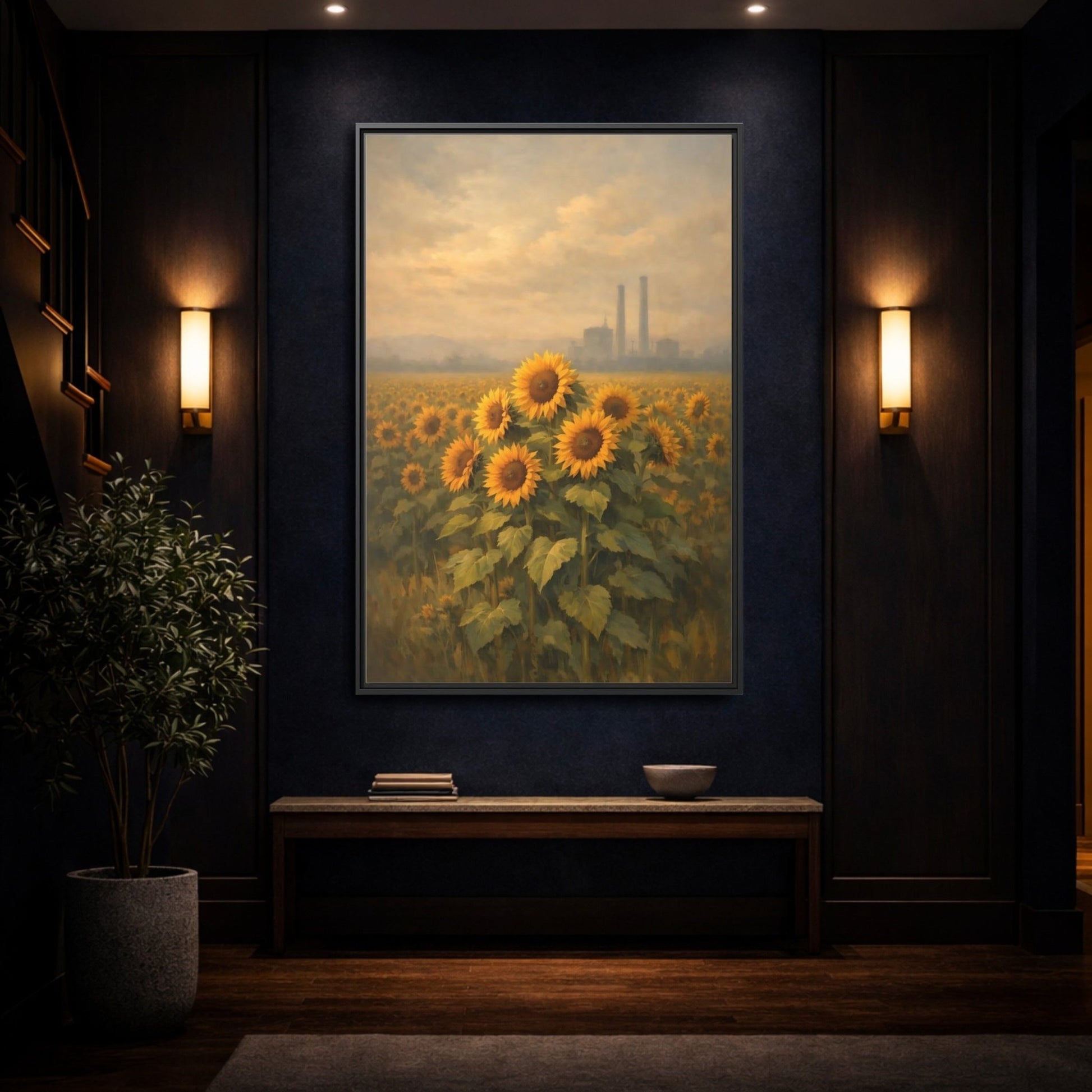 Nature Sunflower Field Yellow - Framed Canvas Wall Art Print - YesArtYes
