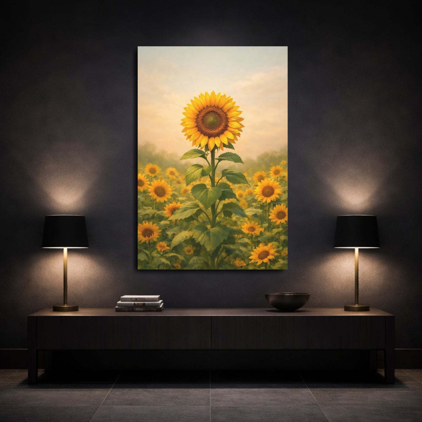 Mockup 2. Nature Sunflower Field Yellow Sunflower Field shown as stretched canvas wall art