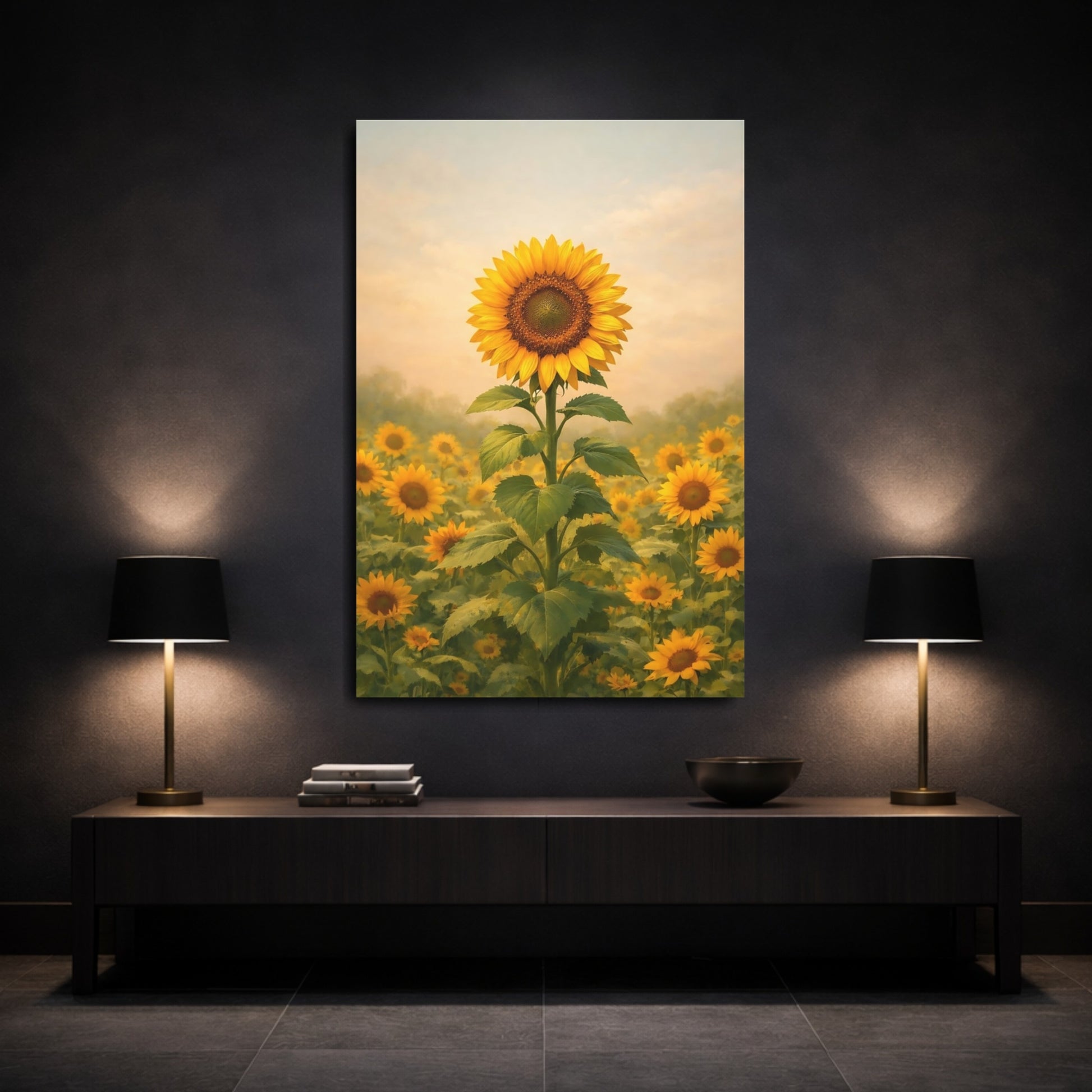 Mockup 2. Nature Sunflower Field Yellow Sunflower Field shown as stretched canvas wall art