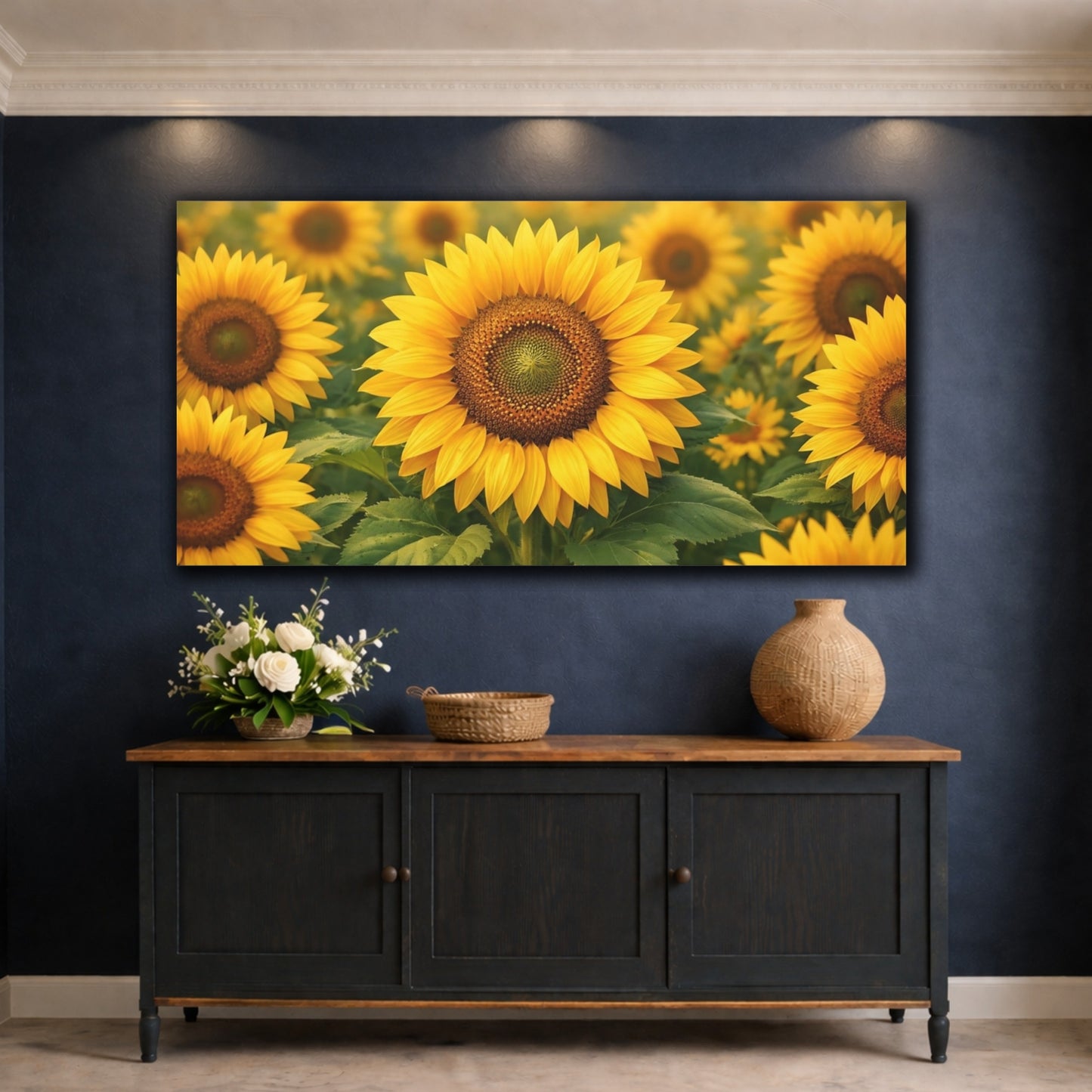 Mockup 4. Nature Sunflower Field Yellow Sunflower shown as stretched canvas wall art