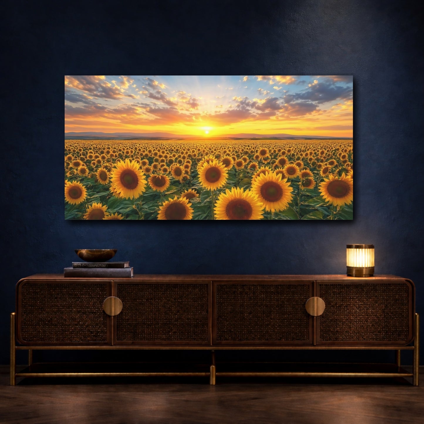 Mockup 3. Nature Sunflower Field Yellow Sunflowers shown as stretched canvas wall art