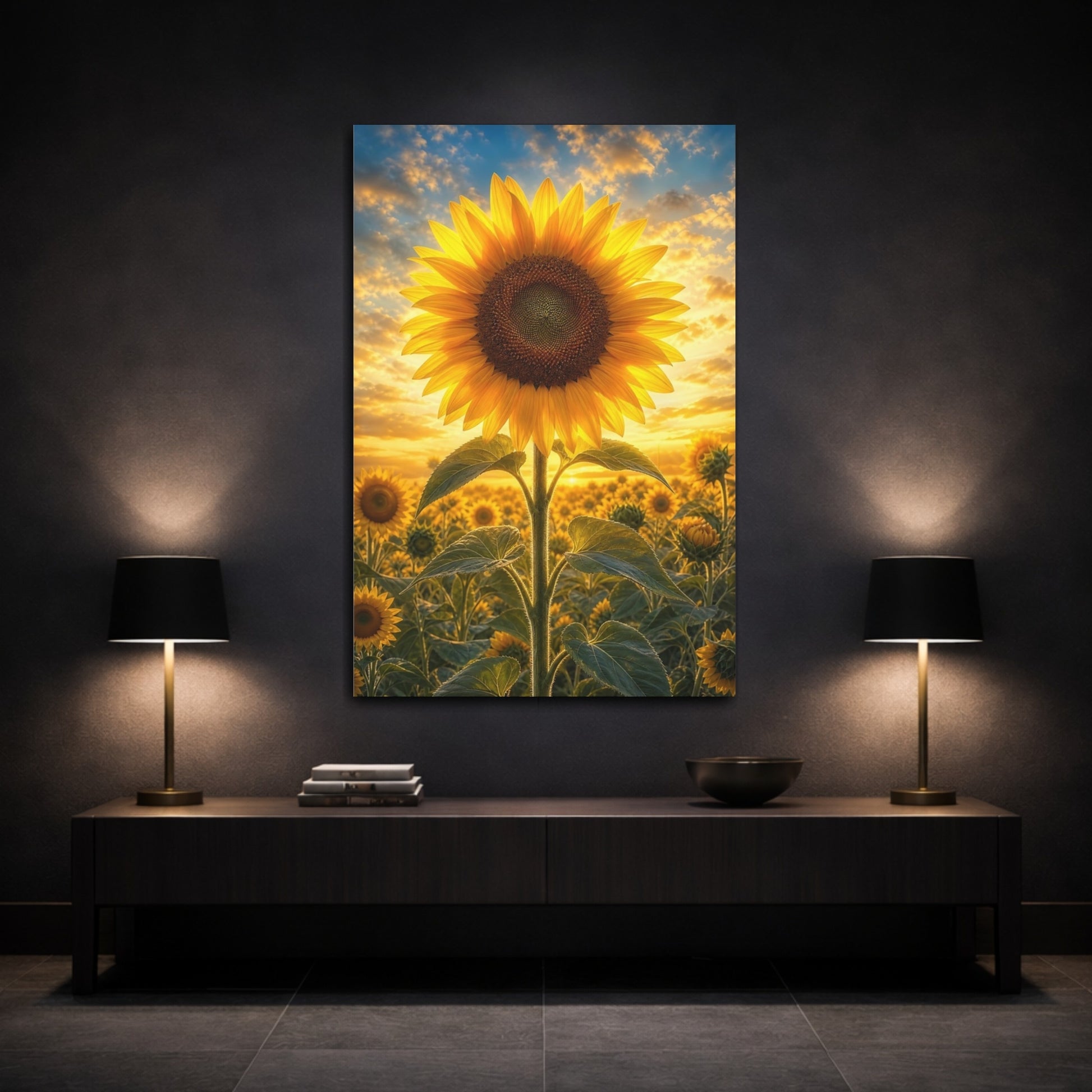 Mockup 3. Nature Sunflower Yellow And Orange shown as stretched canvas wall art