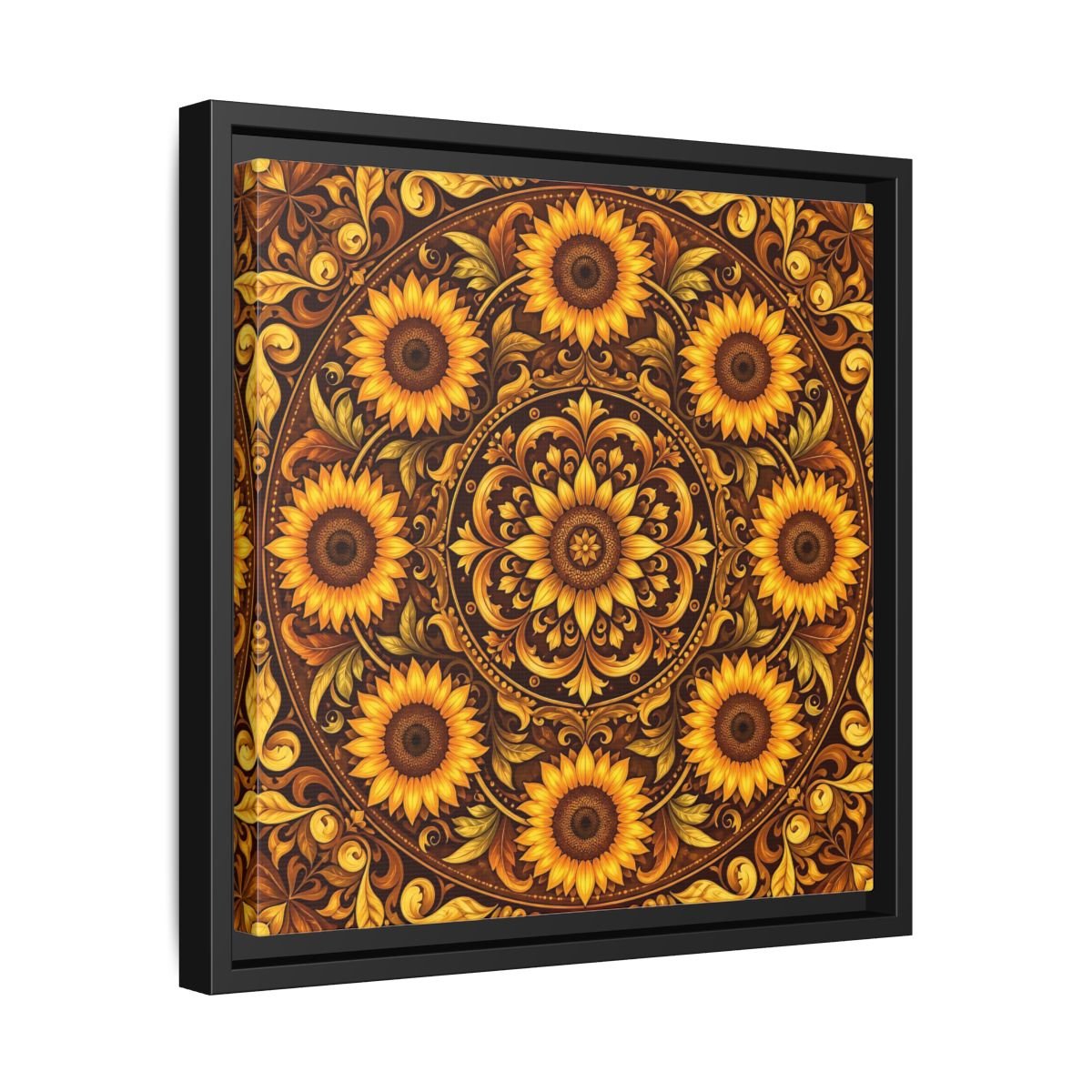 Nature Sunflowers Brown And Gold Framed Canvas Print – ornate Decor for Living Room, Above Fireplace - YesArtYes