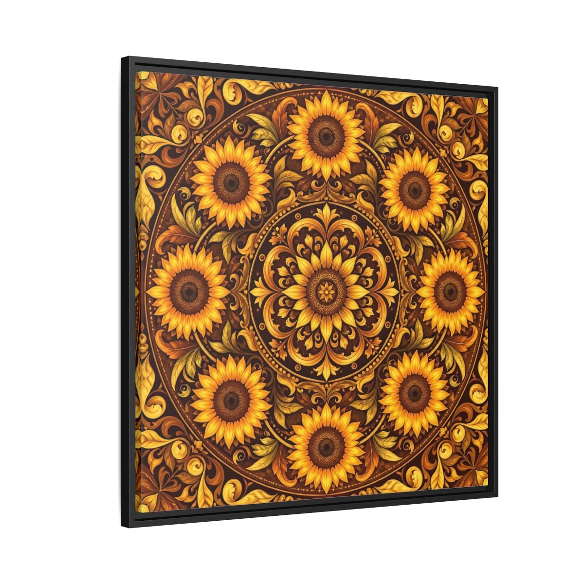 Nature Sunflowers Brown And Gold Framed Canvas Print – ornate Decor for Living Room, Above Fireplace - YesArtYes