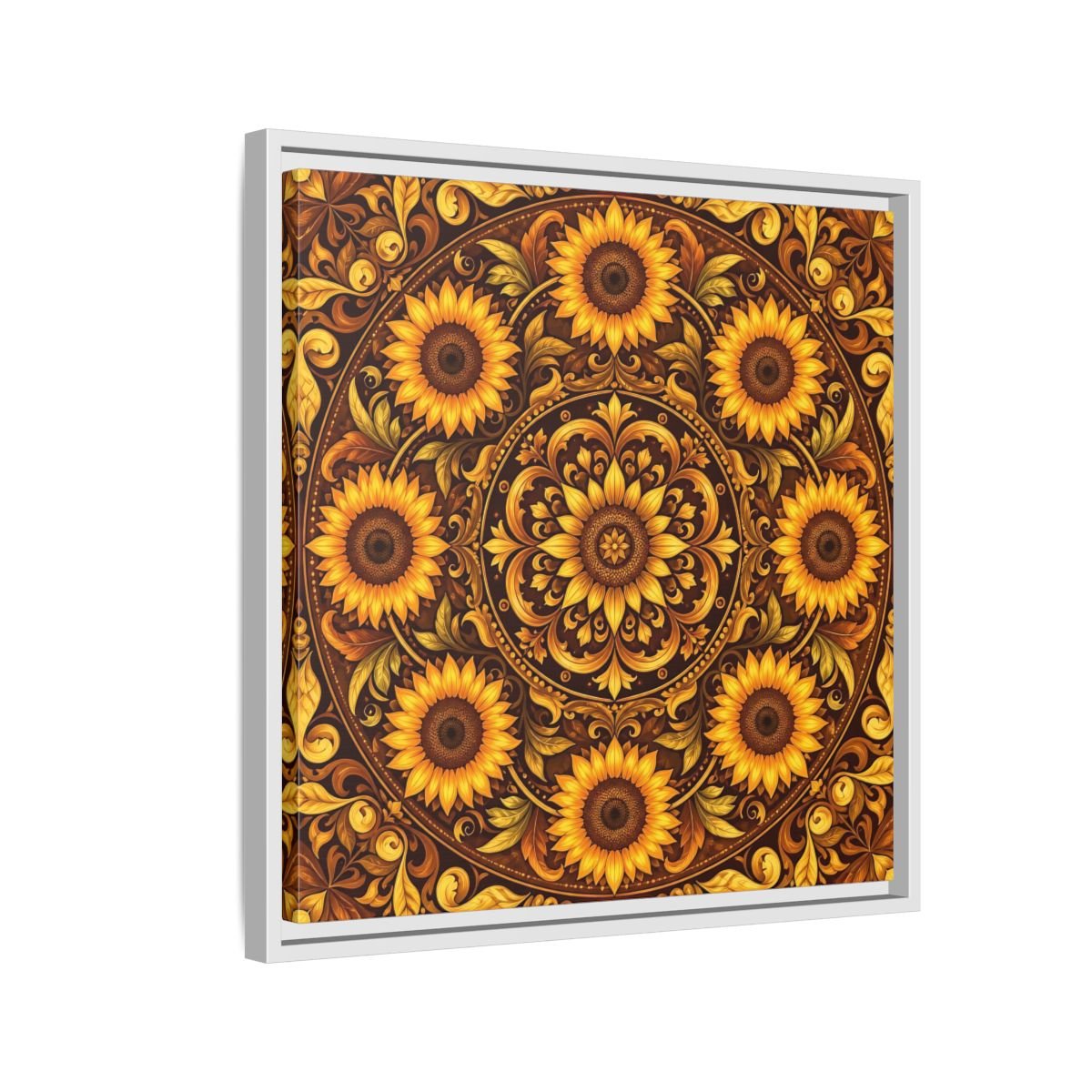 Nature Sunflowers Brown And Gold Framed Canvas Print – ornate Decor for Living Room, Above Fireplace - YesArtYes