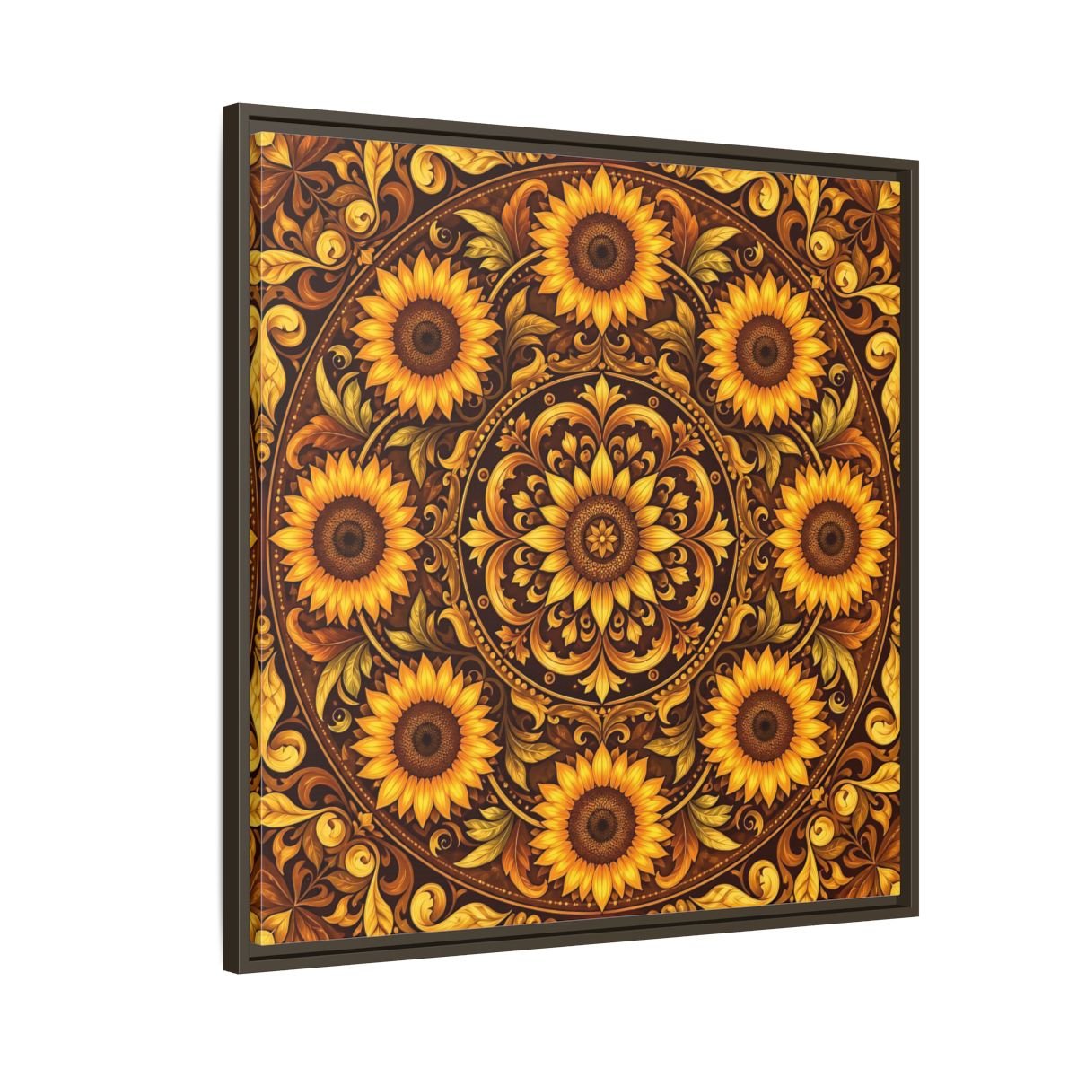 Nature Sunflowers Brown And Gold Framed Canvas Print – ornate Decor for Living Room, Above Fireplace - YesArtYes