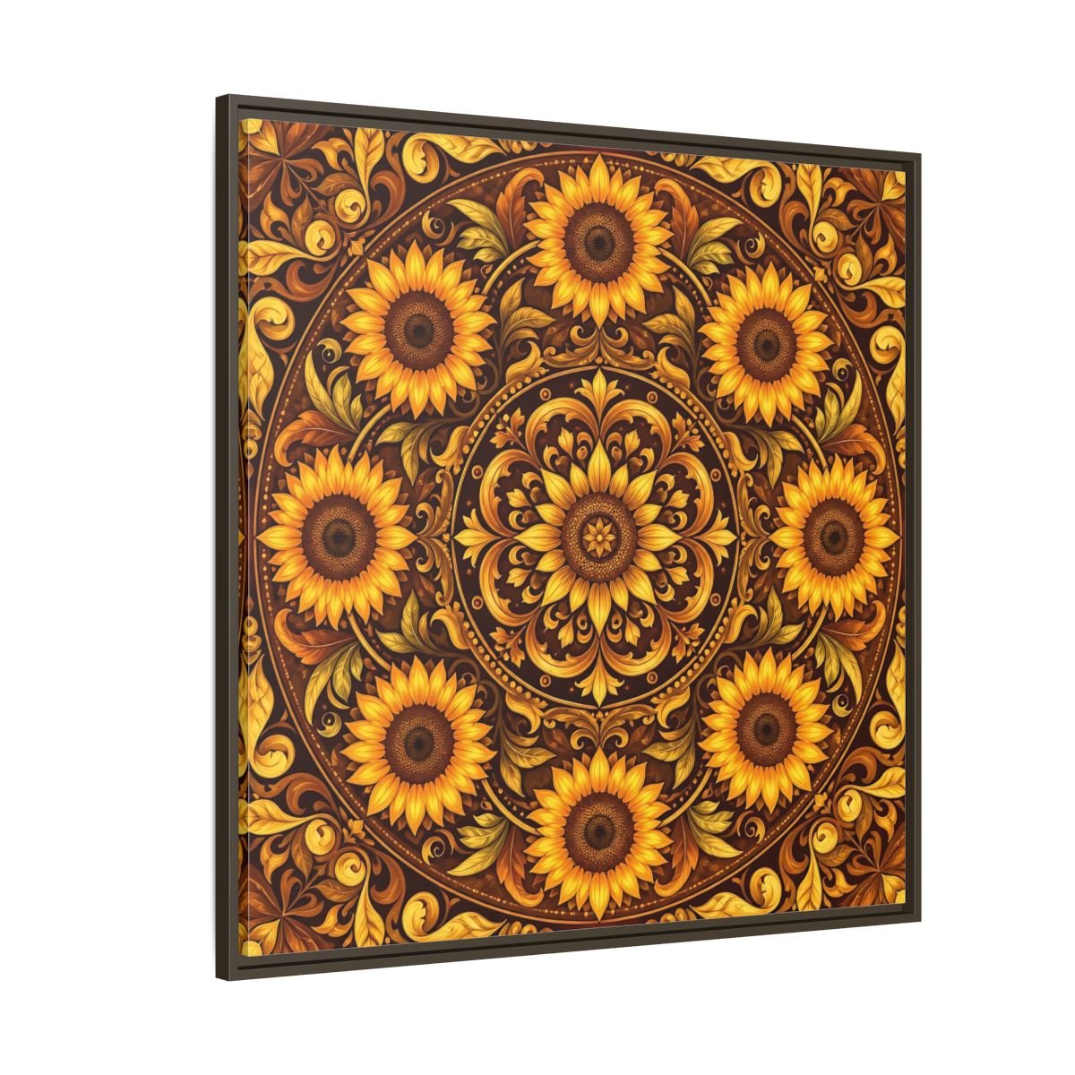 Nature Sunflowers Brown And Gold Framed Canvas Print – ornate Decor for Living Room, Above Fireplace - YesArtYes