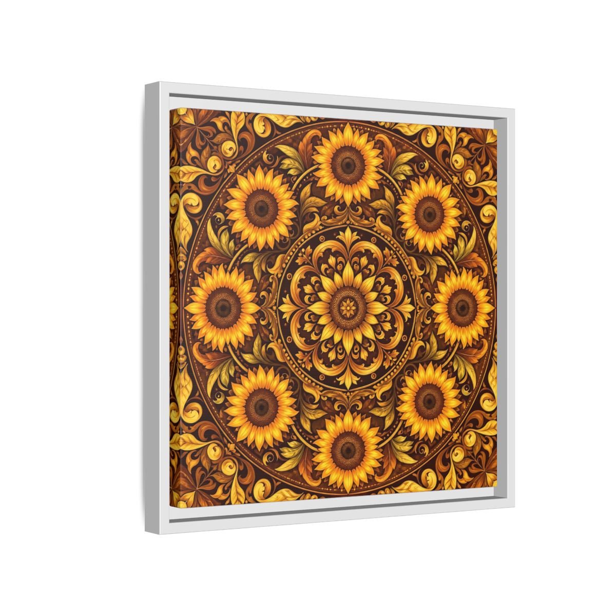 Nature Sunflowers Brown And Gold Framed Canvas Print – ornate Decor for Living Room, Above Fireplace - YesArtYes