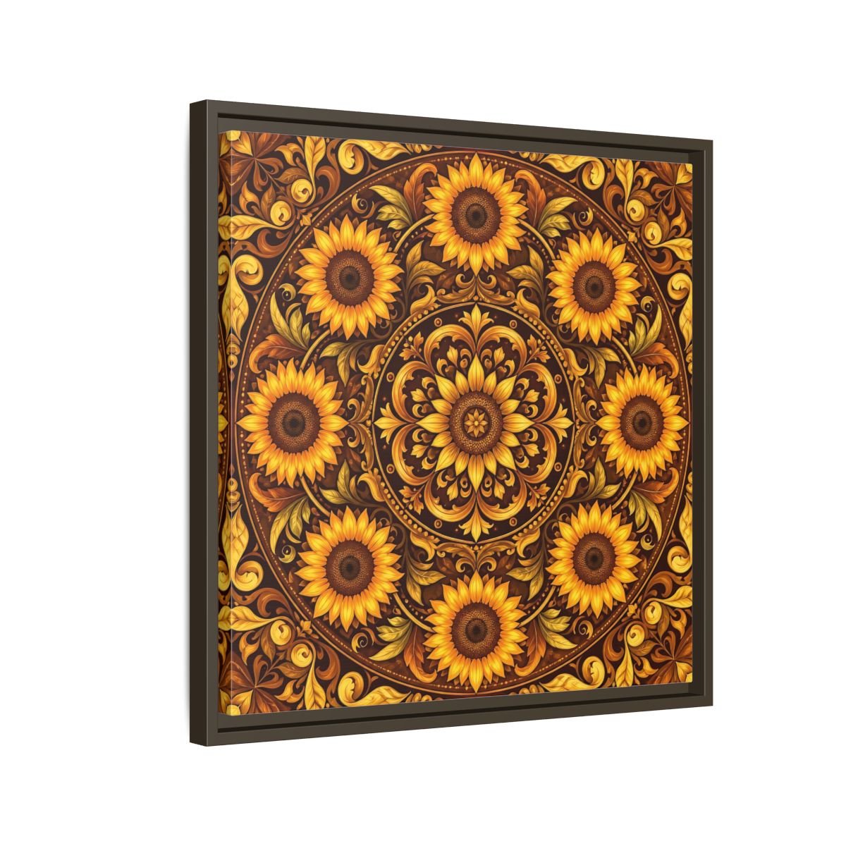 Nature Sunflowers Brown And Gold Framed Canvas Print – ornate Decor for Living Room, Above Fireplace - YesArtYes