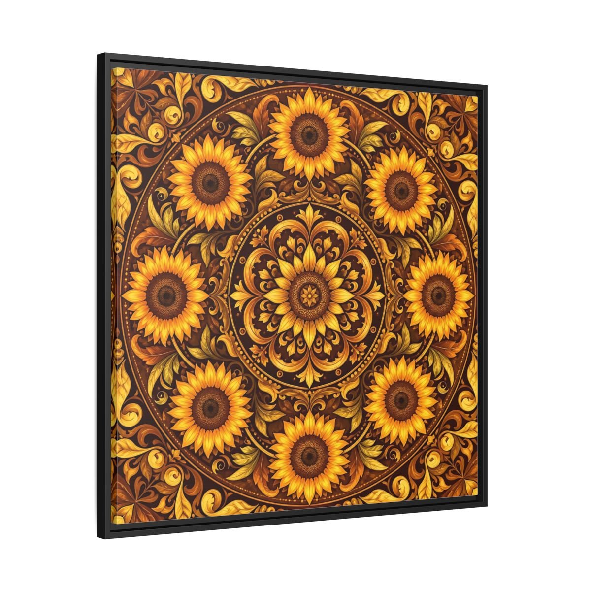 Nature Sunflowers Brown And Gold Framed Canvas Print – ornate Decor for Living Room, Above Fireplace - YesArtYes