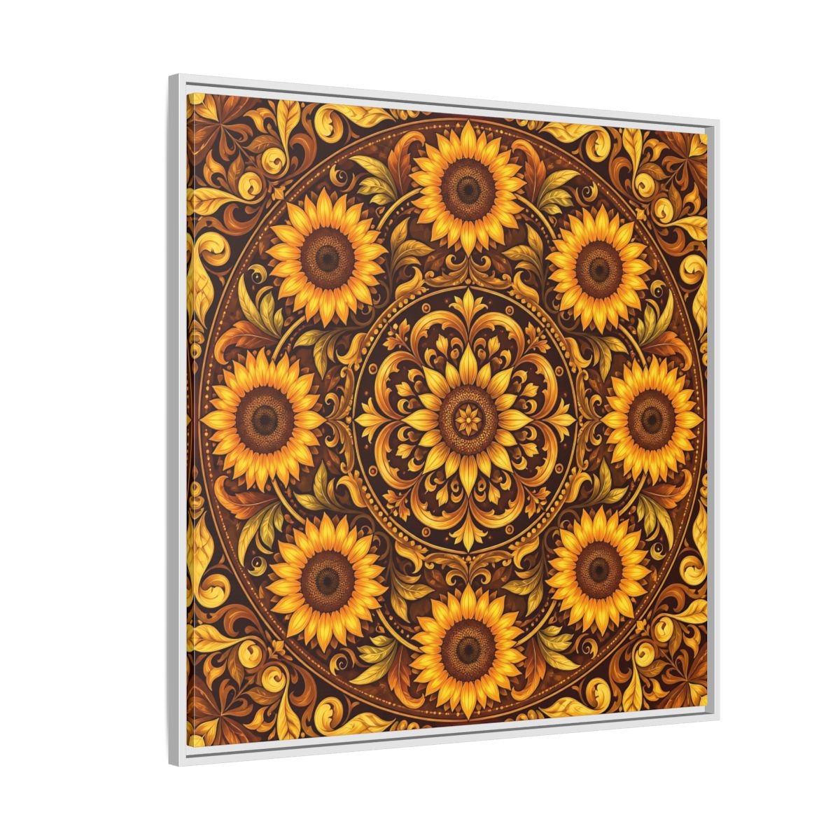 Nature Sunflowers Brown And Gold Framed Canvas Print – ornate Decor for Living Room, Above Fireplace - YesArtYes