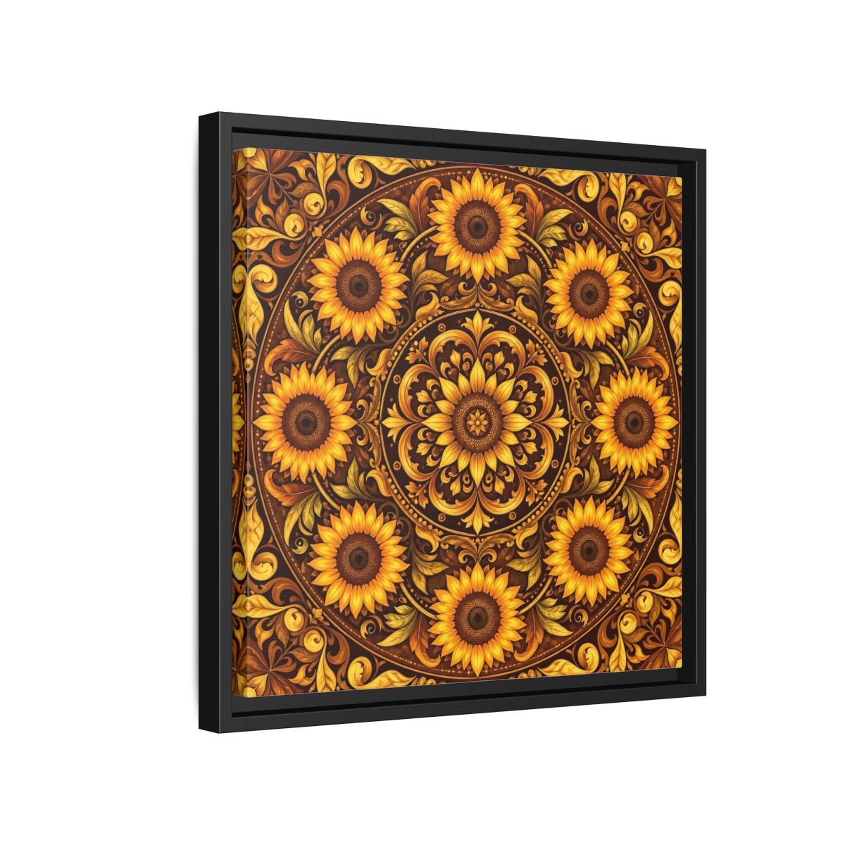 Nature Sunflowers Brown And Gold Framed Canvas Print – ornate Decor for Living Room, Above Fireplace - YesArtYes