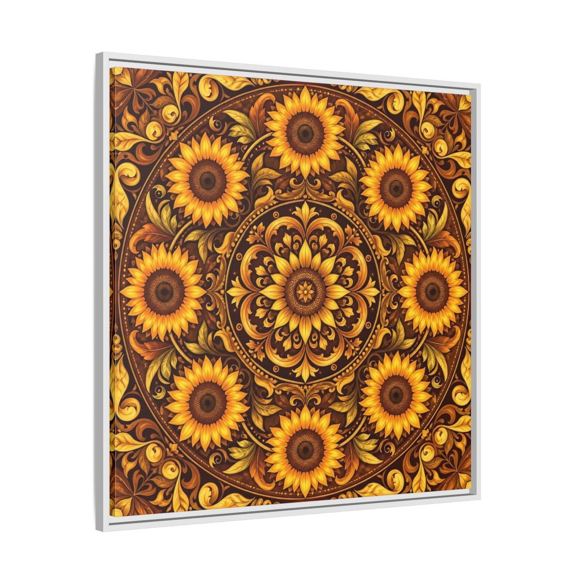 Nature Sunflowers Brown And Gold Framed Canvas Print – ornate Decor for Living Room, Above Fireplace - YesArtYes