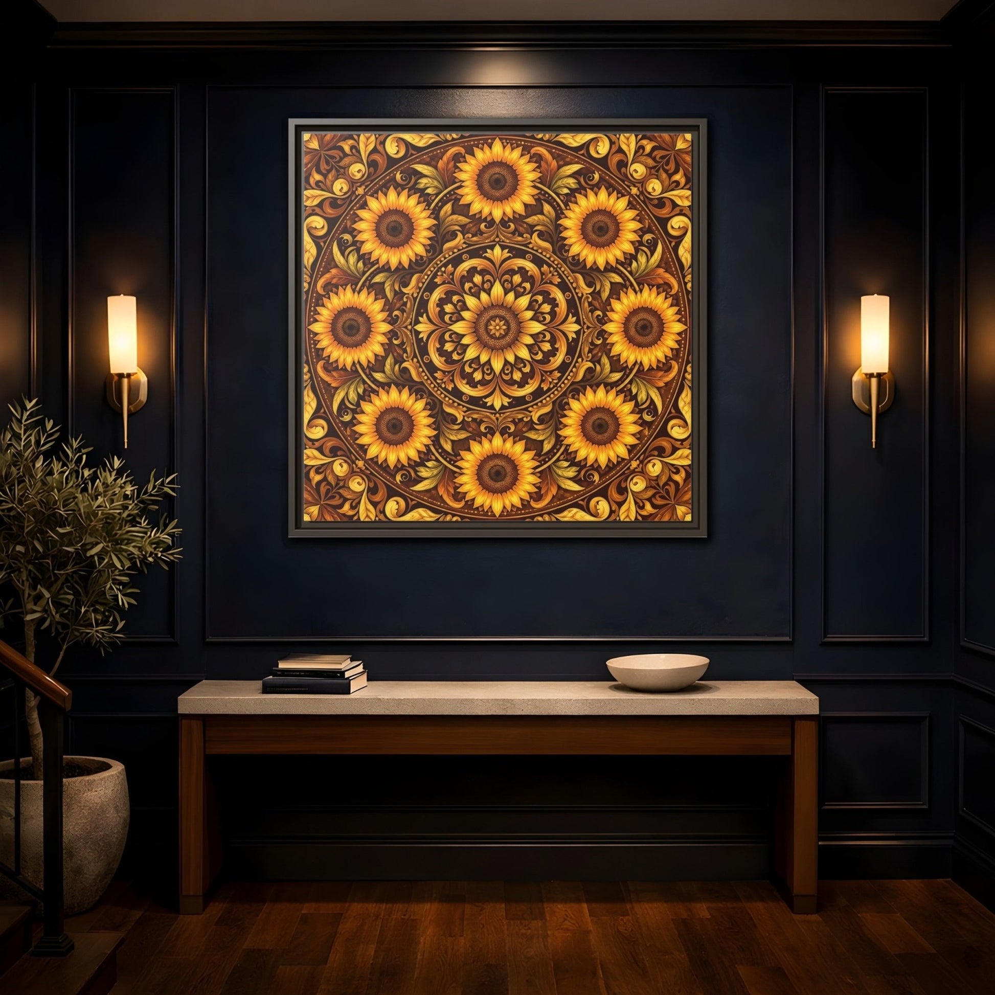 Nature Sunflowers Brown And Gold Framed Canvas Print – ornate Decor for Living Room, Above Fireplace - YesArtYes