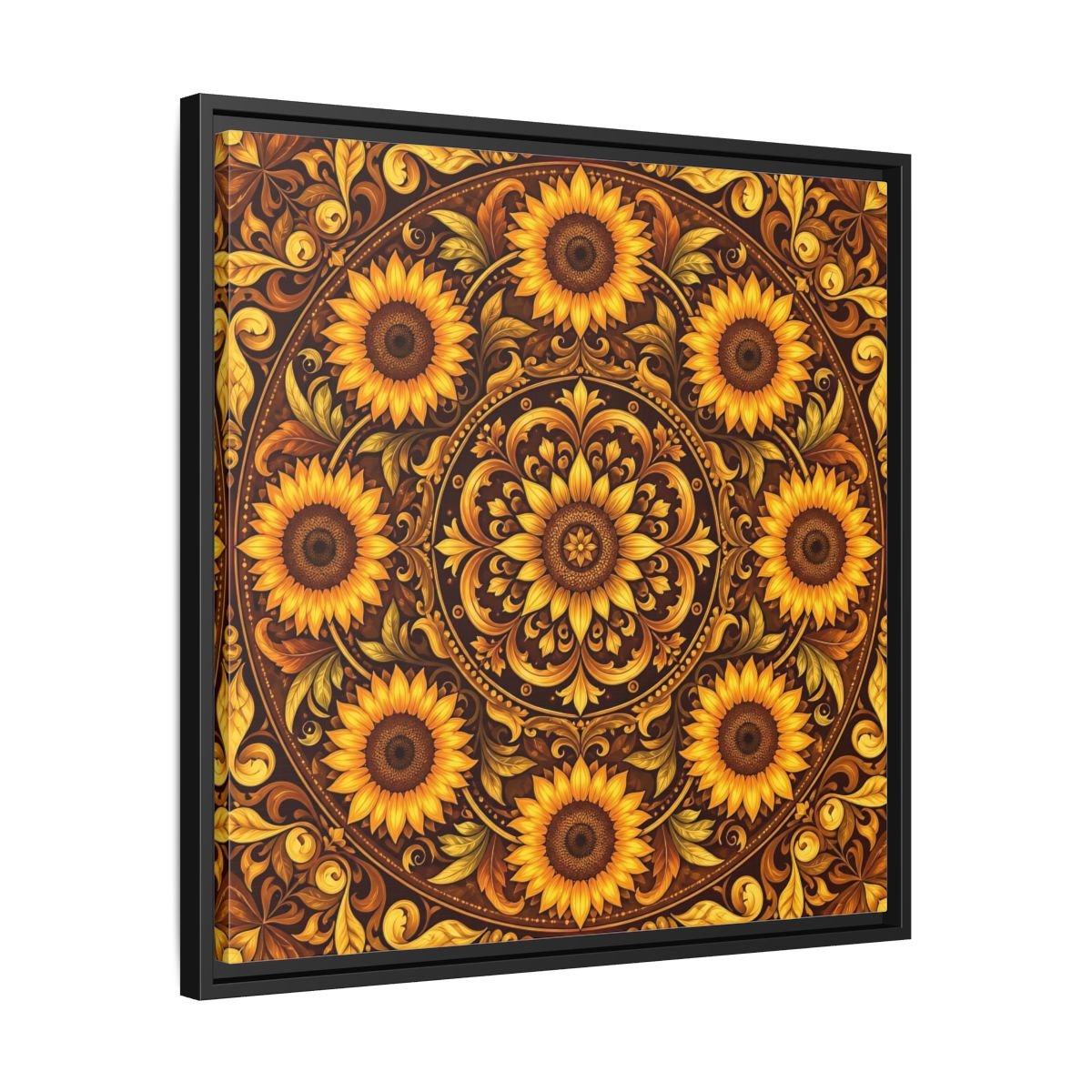 Nature Sunflowers Brown And Gold Framed Canvas Print – ornate Decor for Living Room, Above Fireplace - YesArtYes