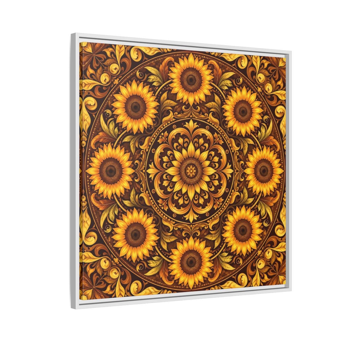 Nature Sunflowers Brown And Gold Framed Canvas Print – ornate Decor for Living Room, Above Fireplace - YesArtYes