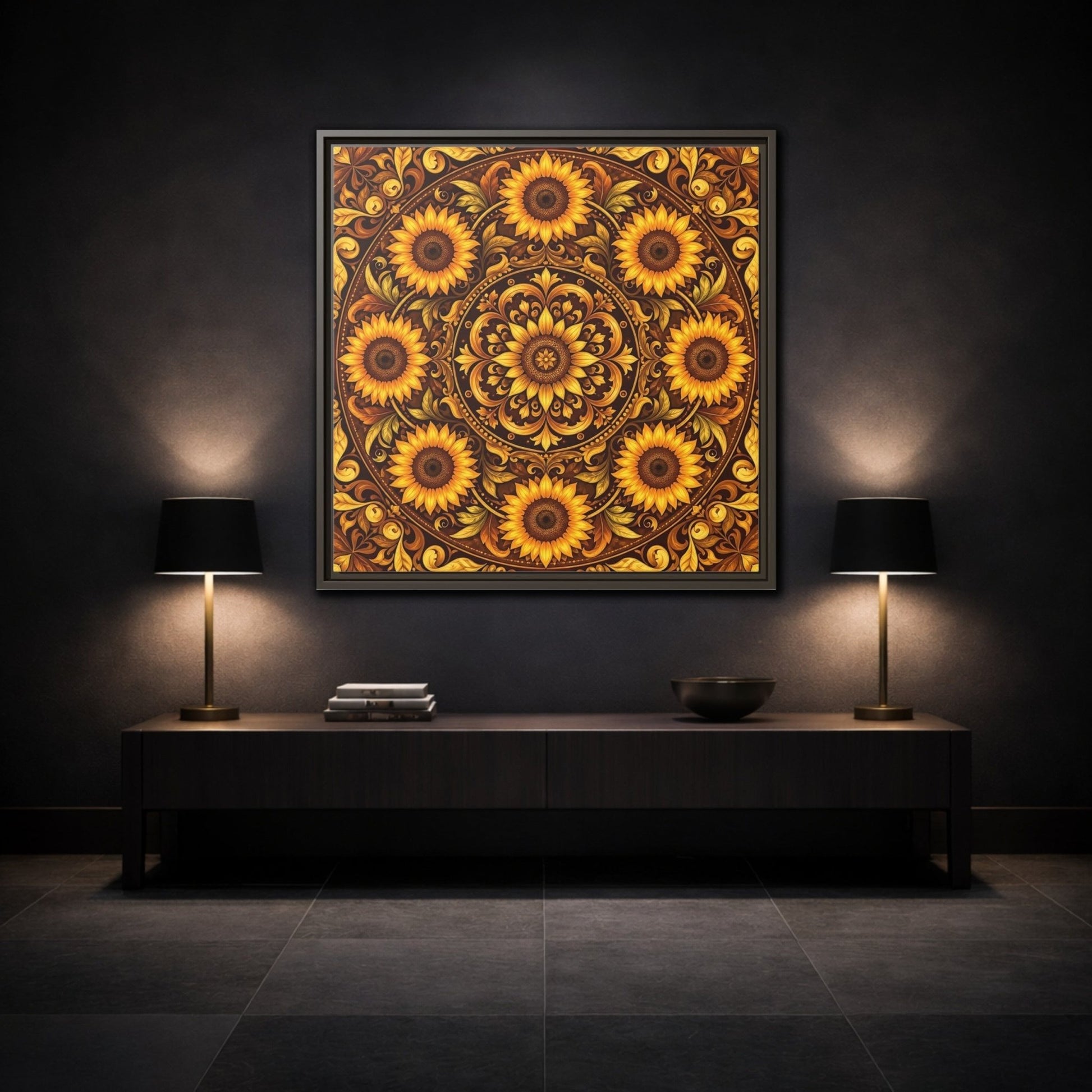 Nature Sunflowers Brown And Gold Framed Canvas Print – ornate Decor for Living Room, Above Fireplace - YesArtYes