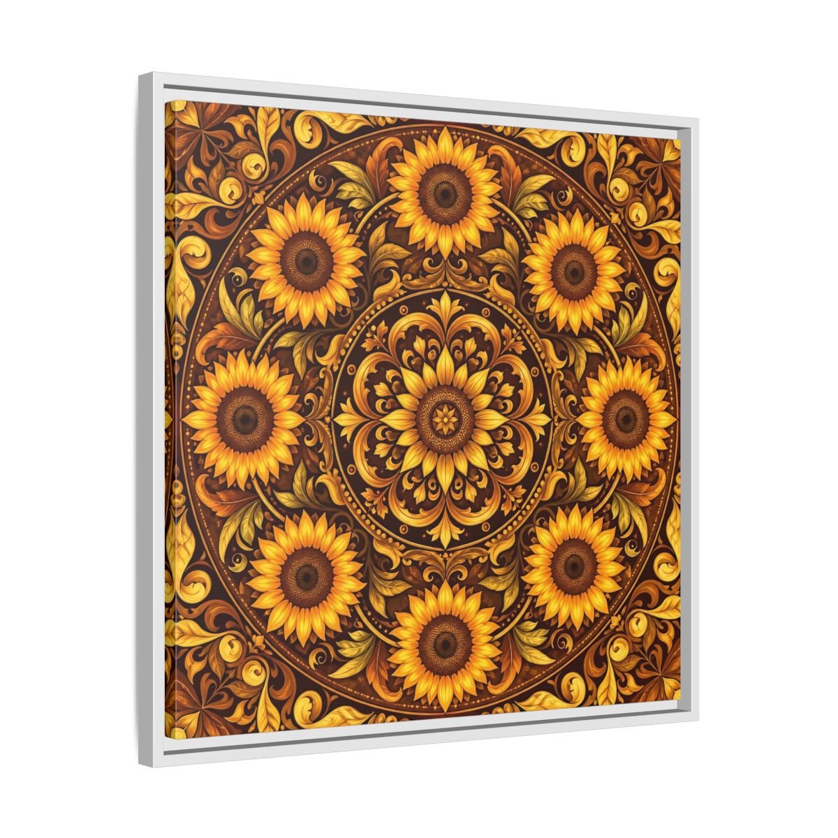 Nature Sunflowers Brown And Gold Framed Canvas Print – ornate Decor for Living Room, Above Fireplace - YesArtYes