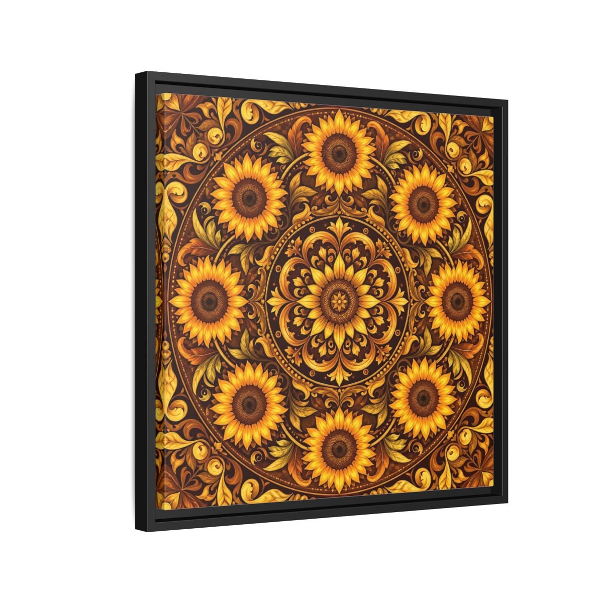 Nature Sunflowers Brown And Gold Framed Canvas Print – ornate Decor for Living Room, Above Fireplace - YesArtYes