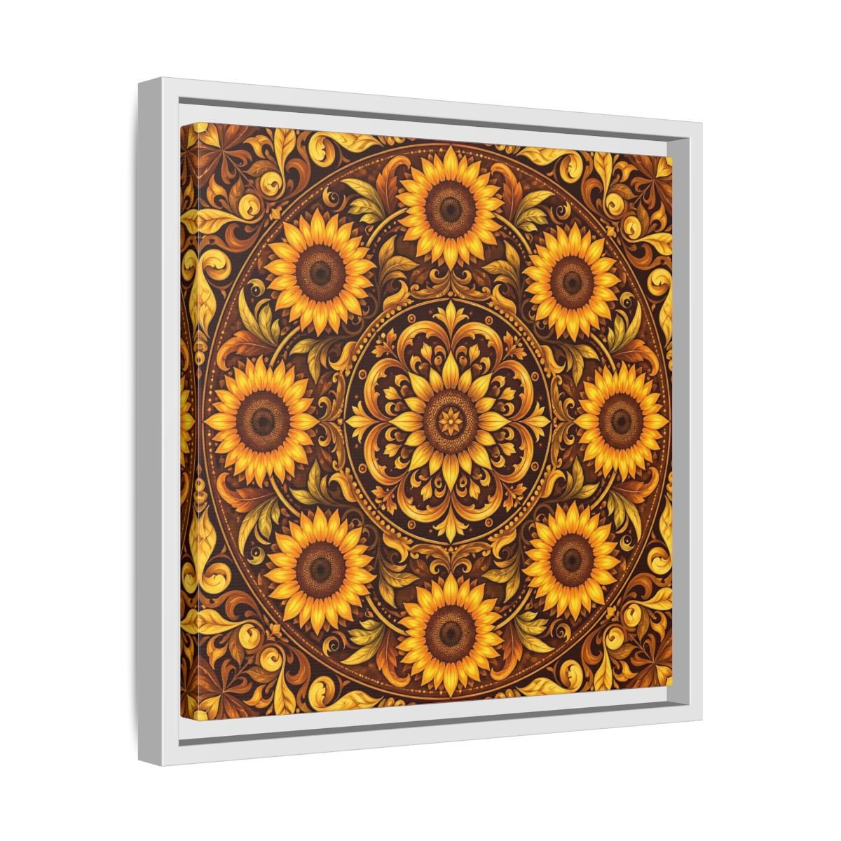 Nature Sunflowers Brown And Gold Framed Canvas Print – ornate Decor for Living Room, Above Fireplace - YesArtYes