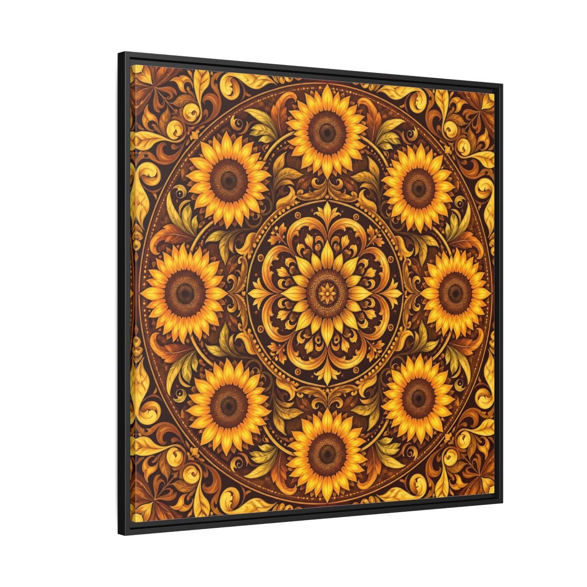 Nature Sunflowers Brown And Gold Framed Canvas Print – ornate Decor for Living Room, Above Fireplace - YesArtYes