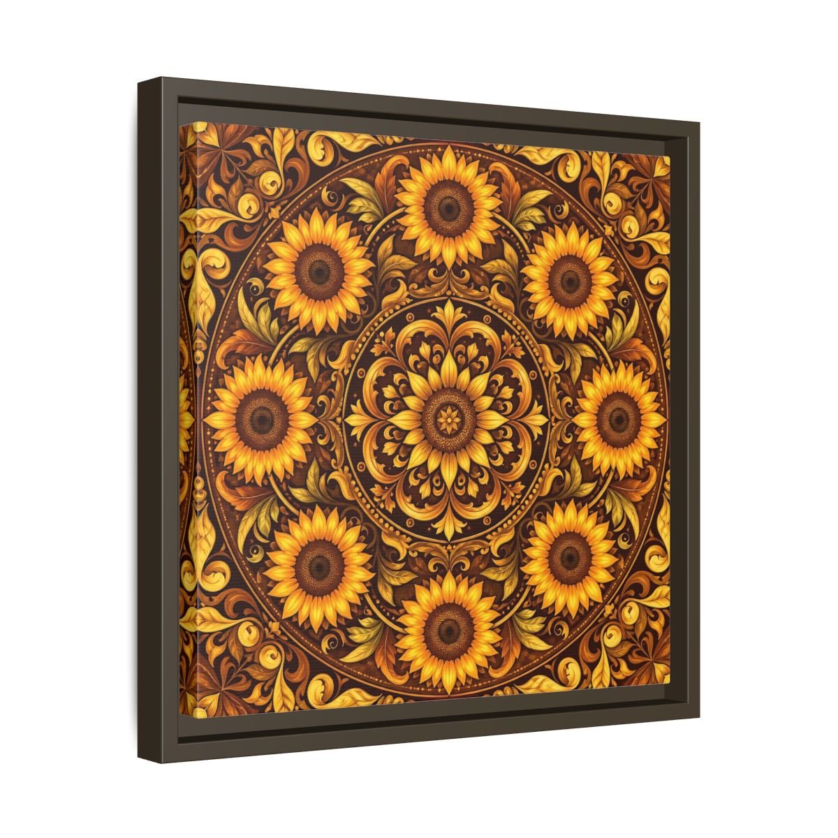 Nature Sunflowers Brown And Gold Framed Canvas Print – ornate Decor for Living Room, Above Fireplace - YesArtYes