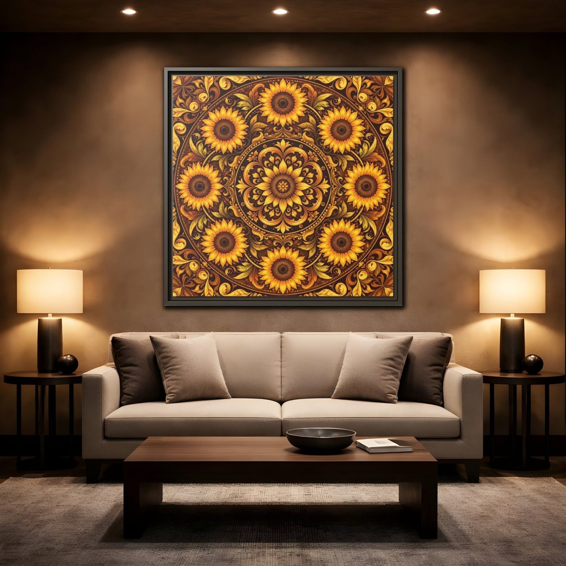 Nature Sunflowers Brown And Gold Framed Canvas Print – ornate Decor for Living Room, Above Fireplace - YesArtYes