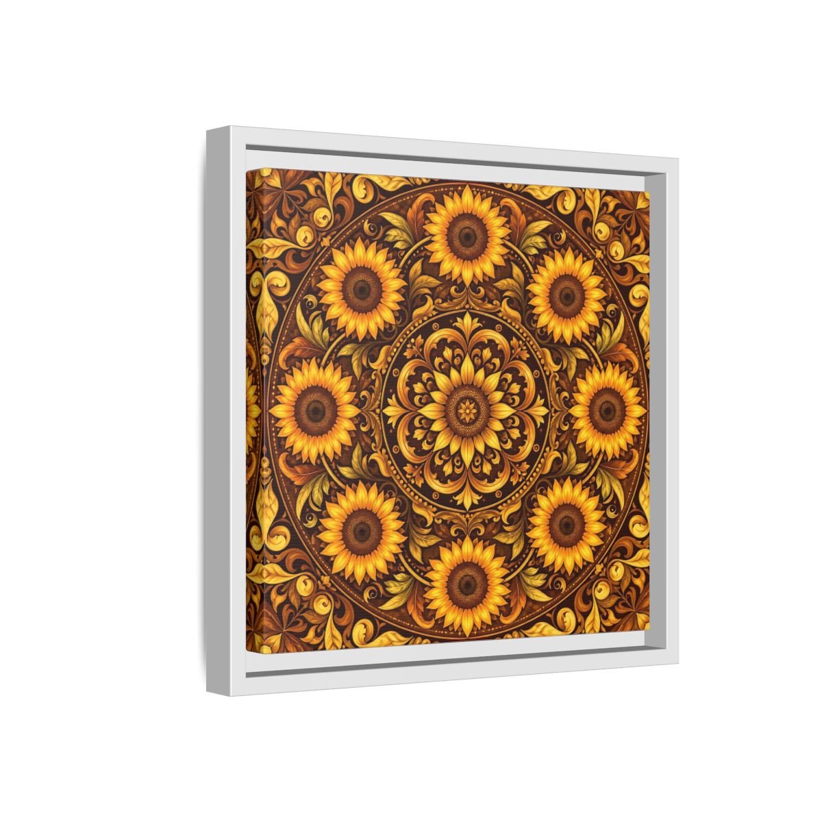 Nature Sunflowers Brown And Gold Framed Canvas Print – ornate Decor for Living Room, Above Fireplace - YesArtYes