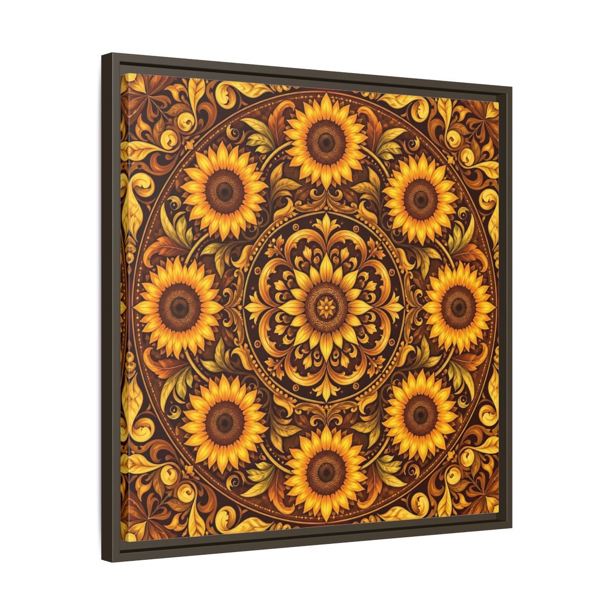 Nature Sunflowers Brown And Gold Framed Canvas Print – ornate Decor for Living Room, Above Fireplace - YesArtYes