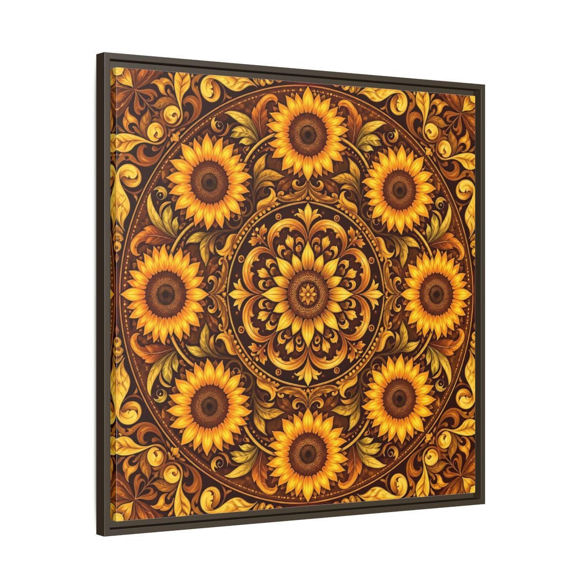 Nature Sunflowers Brown And Gold Framed Canvas Print – ornate Decor for Living Room, Above Fireplace - YesArtYes