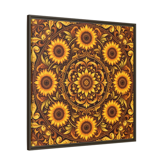 Nature Sunflowers Brown And Gold Framed Canvas Print – ornate Decor for Living Room, Above Fireplace - YesArtYes