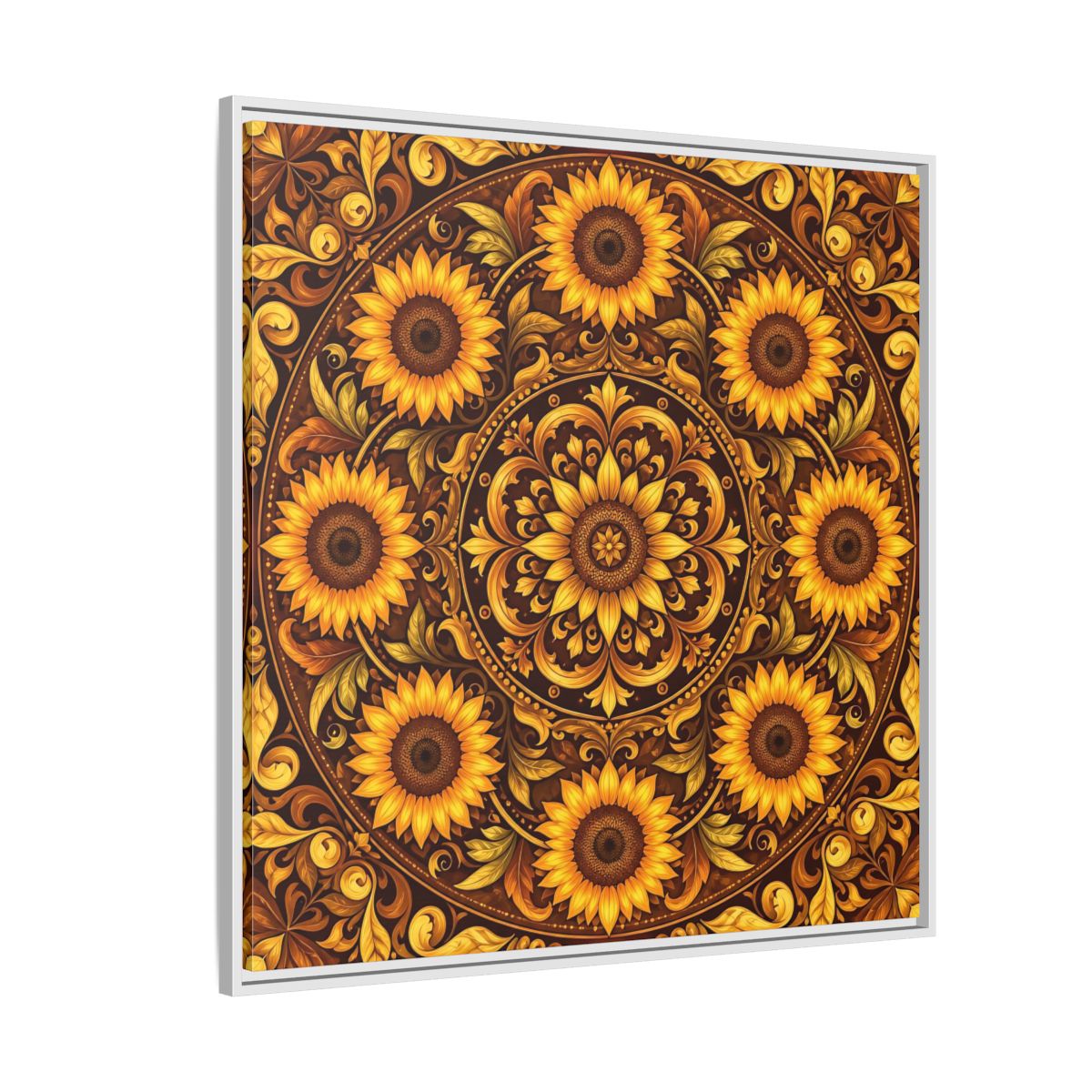 Side Mockup 4. Nature Sunflowers Brown And Gold Sunflower shown as framed canvas print