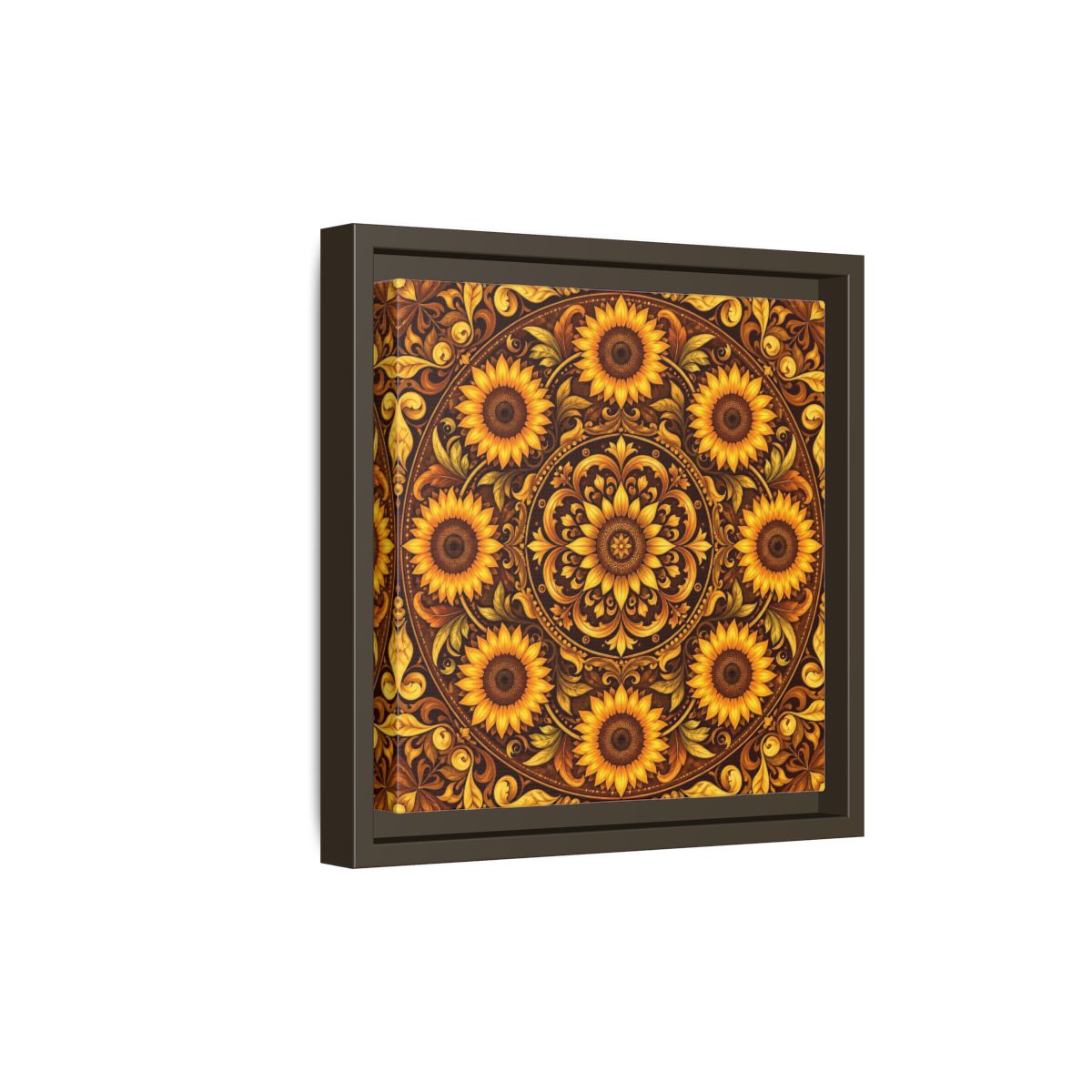 Side Mockup 20. Nature Sunflowers Brown And Gold Sunflower shown as framed canvas print