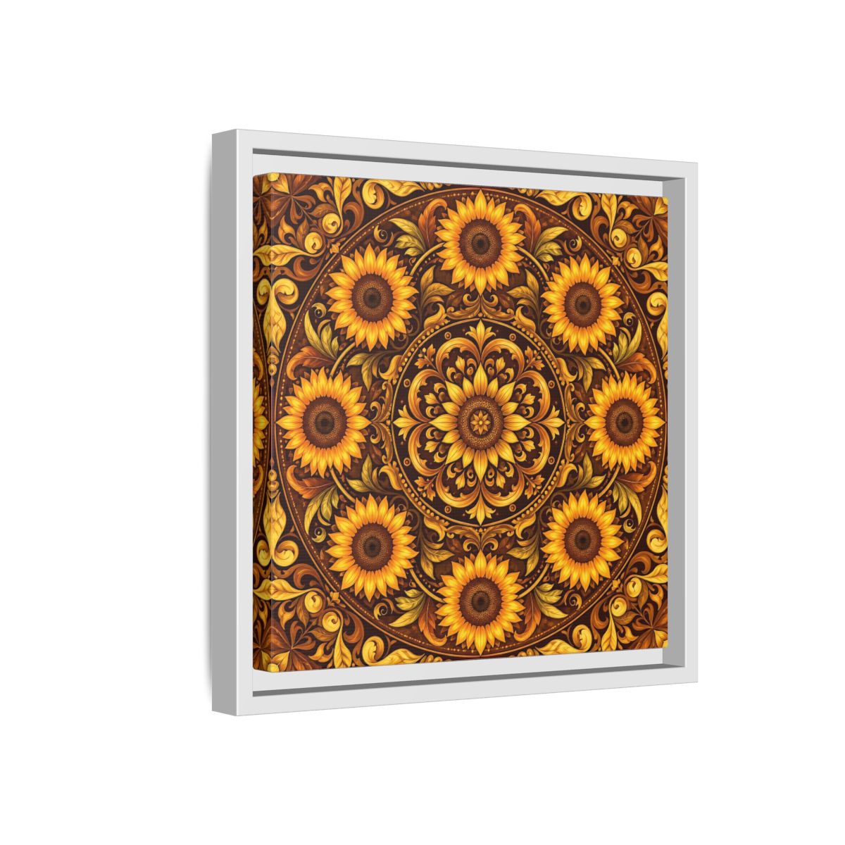 Side Mockup 16. Nature Sunflowers Brown And Gold Sunflower shown as framed canvas print
