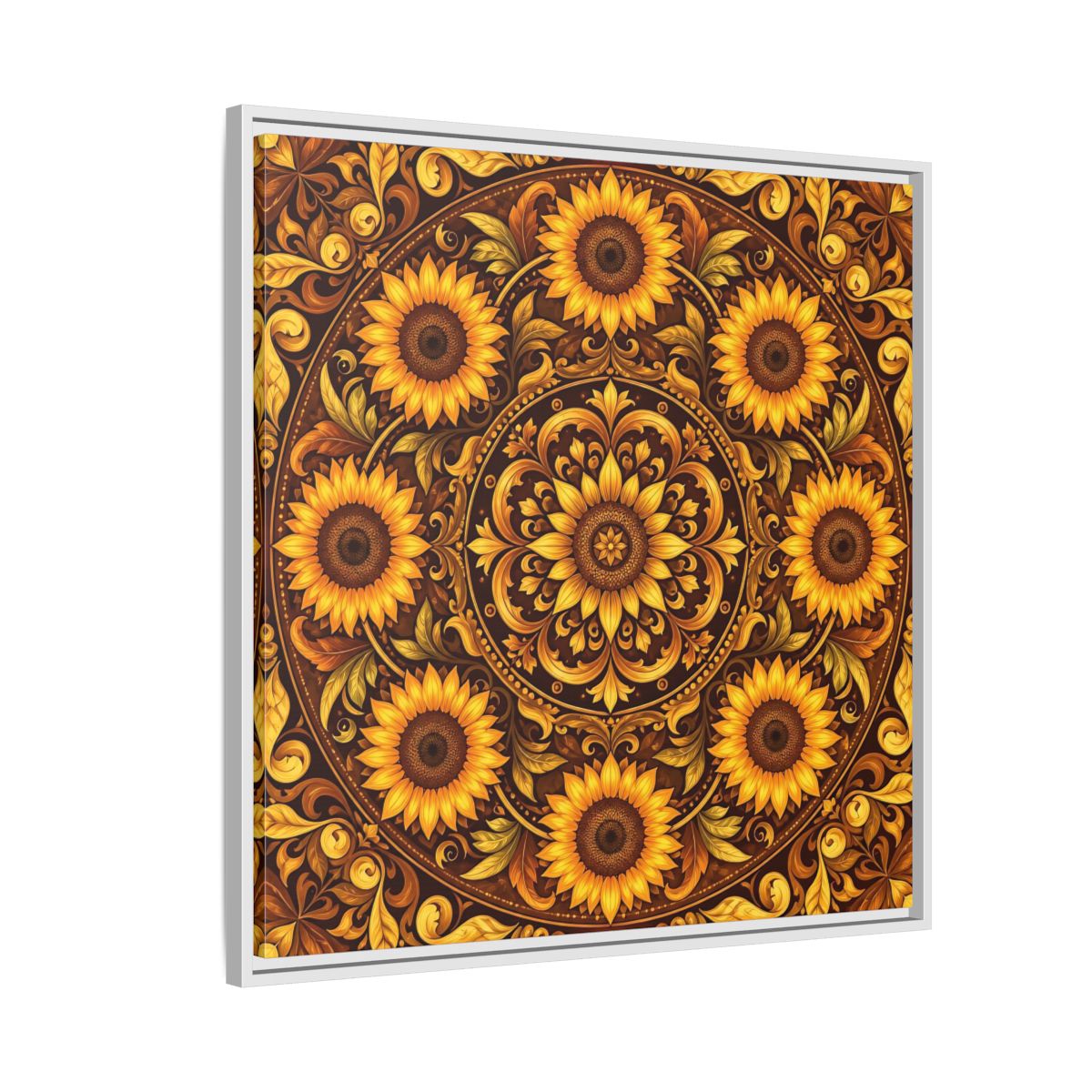 Side Mockup 7. Nature Sunflowers Brown And Gold Sunflower shown as framed canvas print