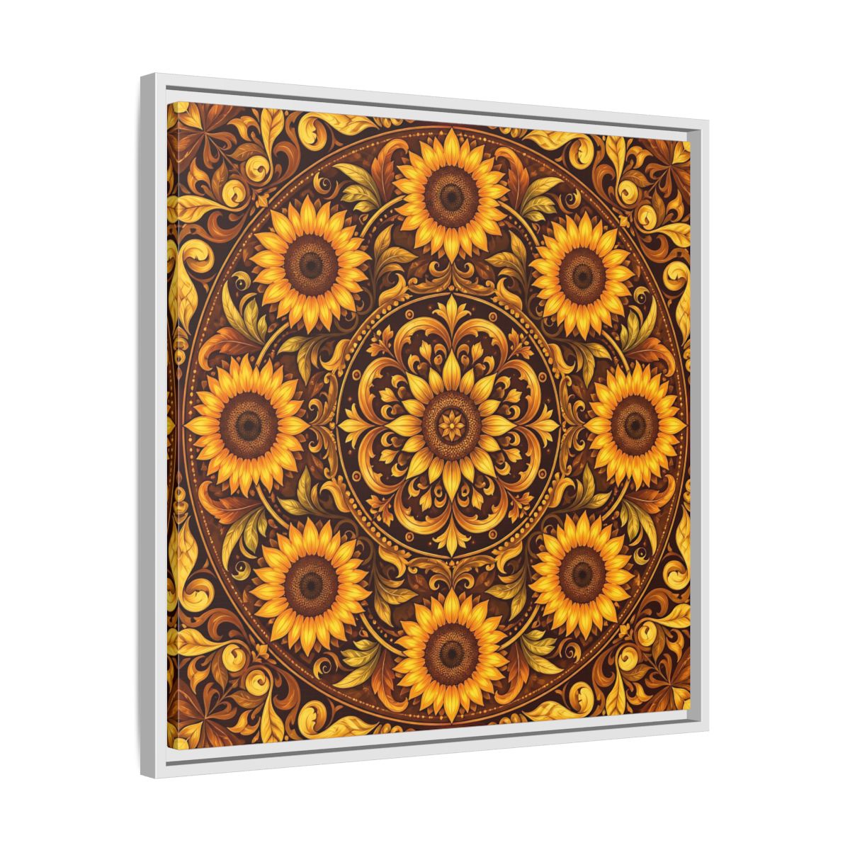 Side Mockup 26. Nature Sunflowers Brown And Gold Sunflower shown as framed canvas print