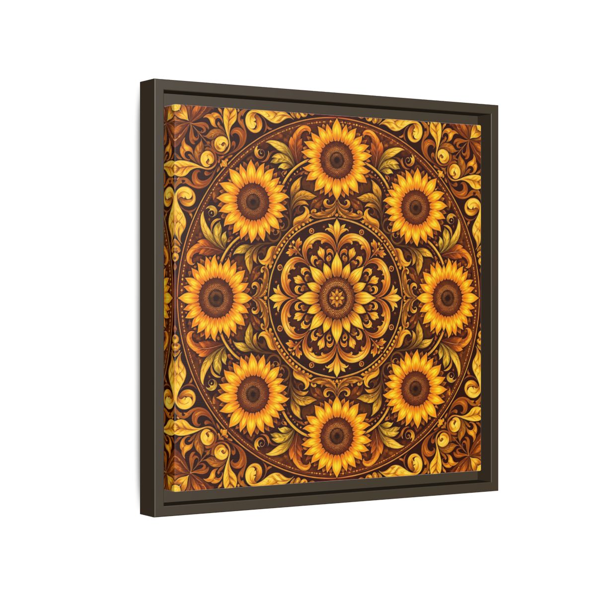 Side Mockup 14. Nature Sunflowers Brown And Gold Sunflower shown as framed canvas print