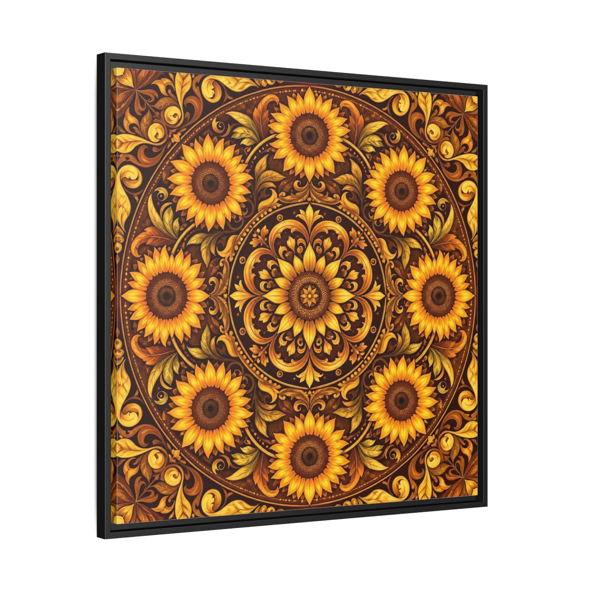 Side Mockup 30. Nature Sunflowers Brown And Gold Sunflower shown as framed canvas print