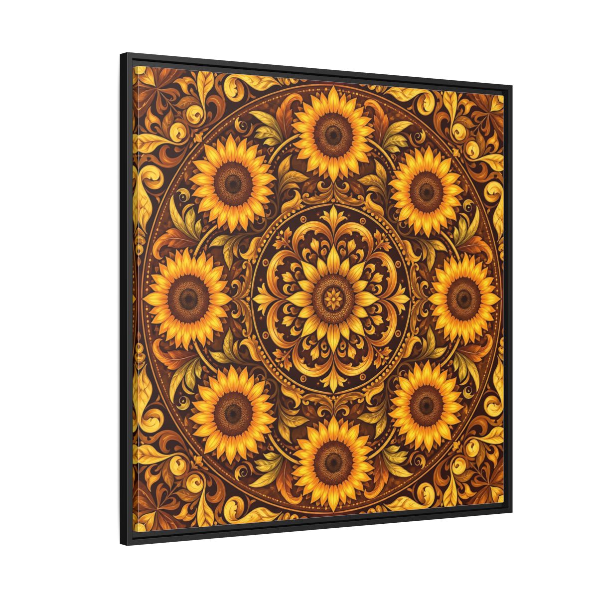 Side Mockup 6. Nature Sunflowers Brown And Gold Sunflower shown as framed canvas print