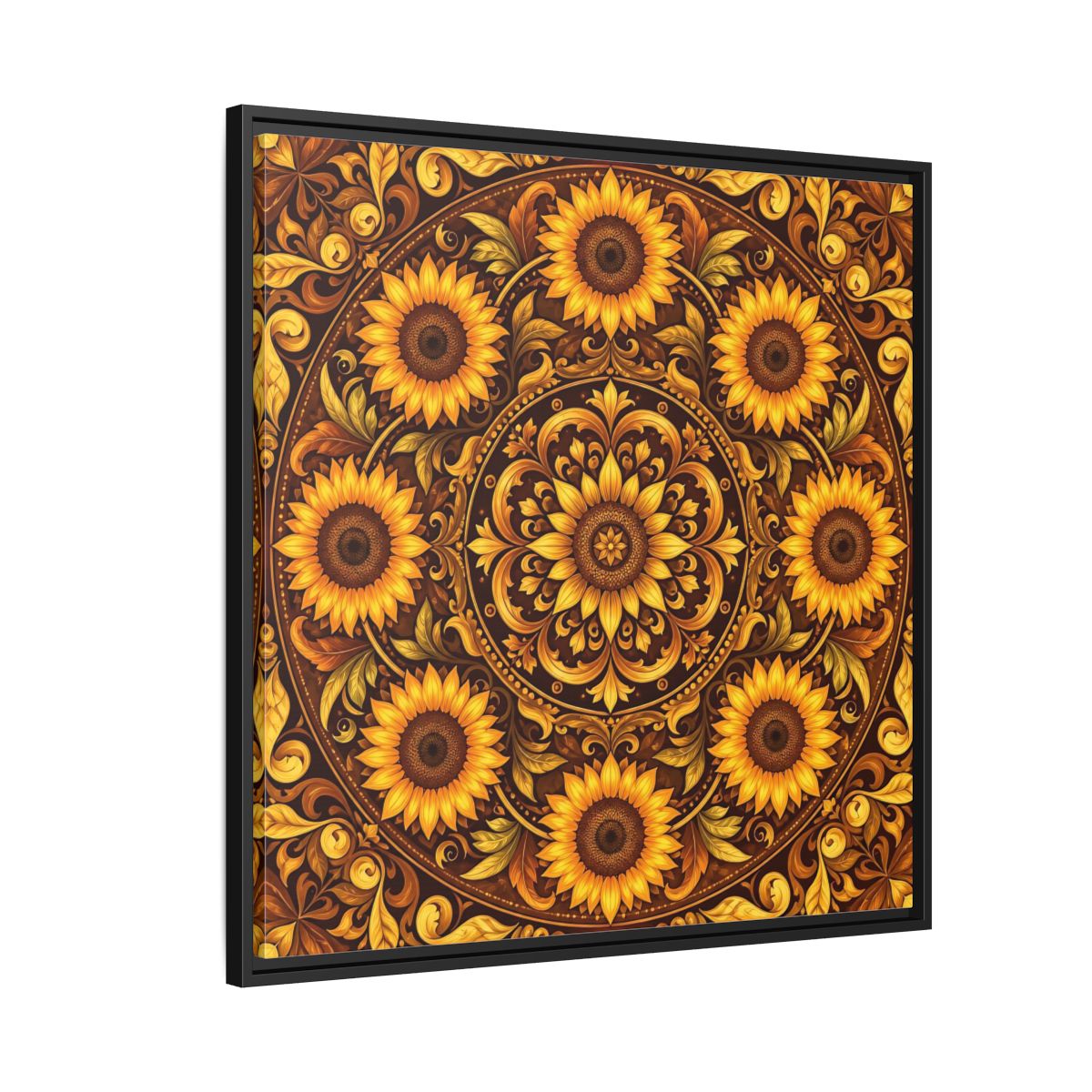 Side Mockup 9. Nature Sunflowers Brown And Gold Sunflower shown as framed canvas print