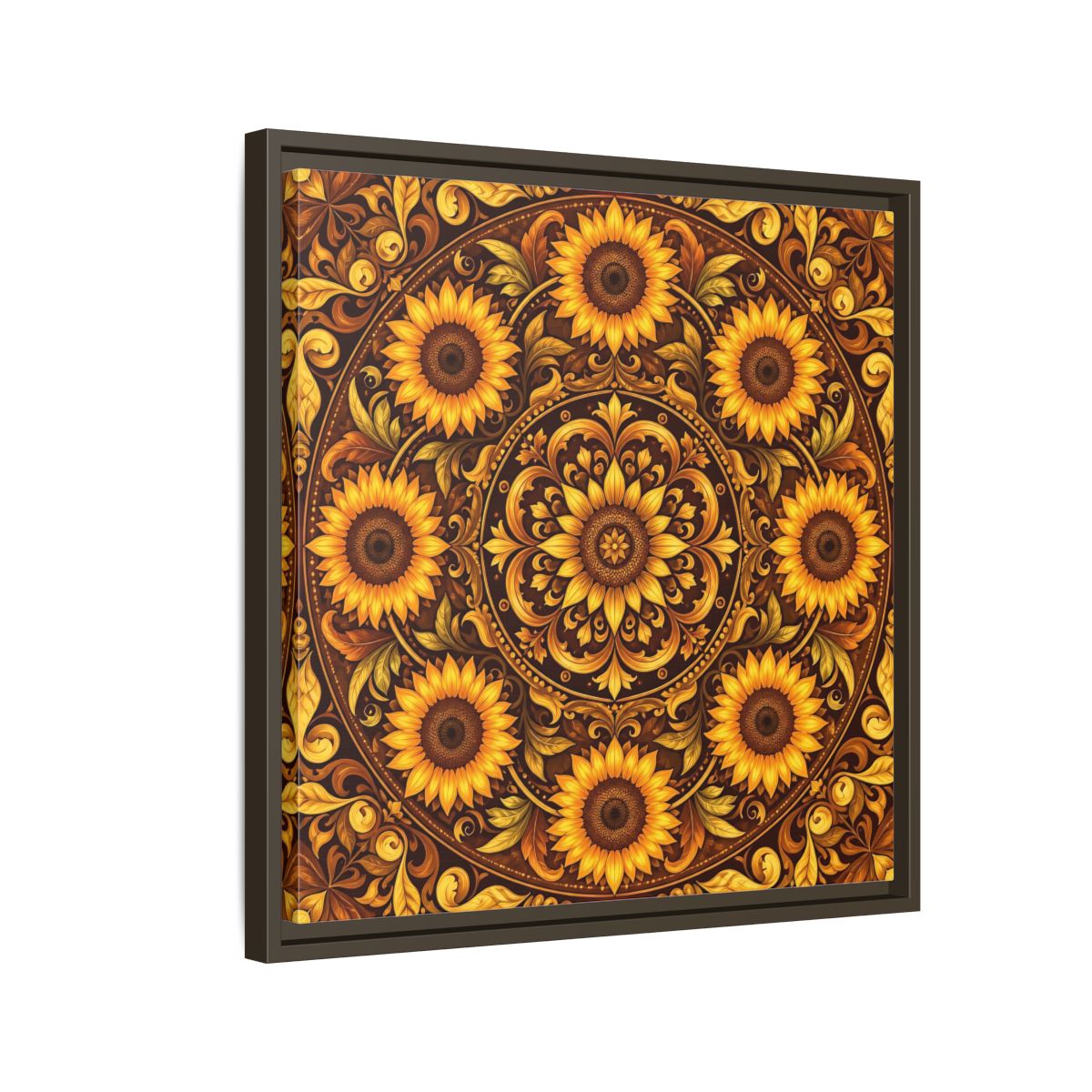 Side Mockup 11. Nature Sunflowers Brown And Gold Sunflower shown as framed canvas print