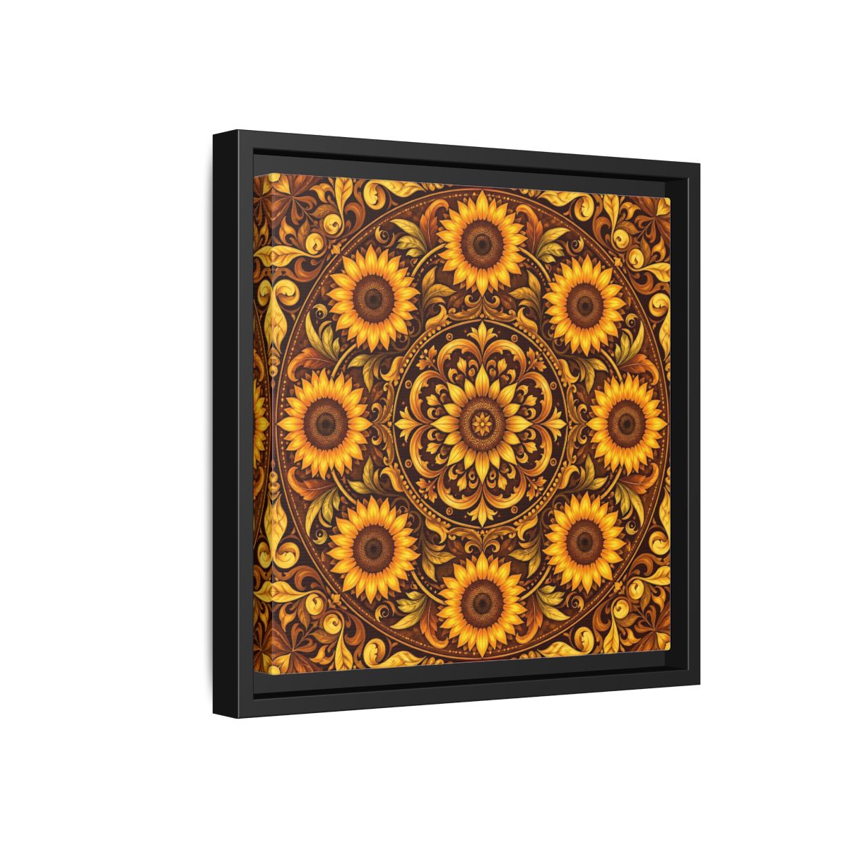 Side Mockup 18. Nature Sunflowers Brown And Gold Sunflower shown as framed canvas print