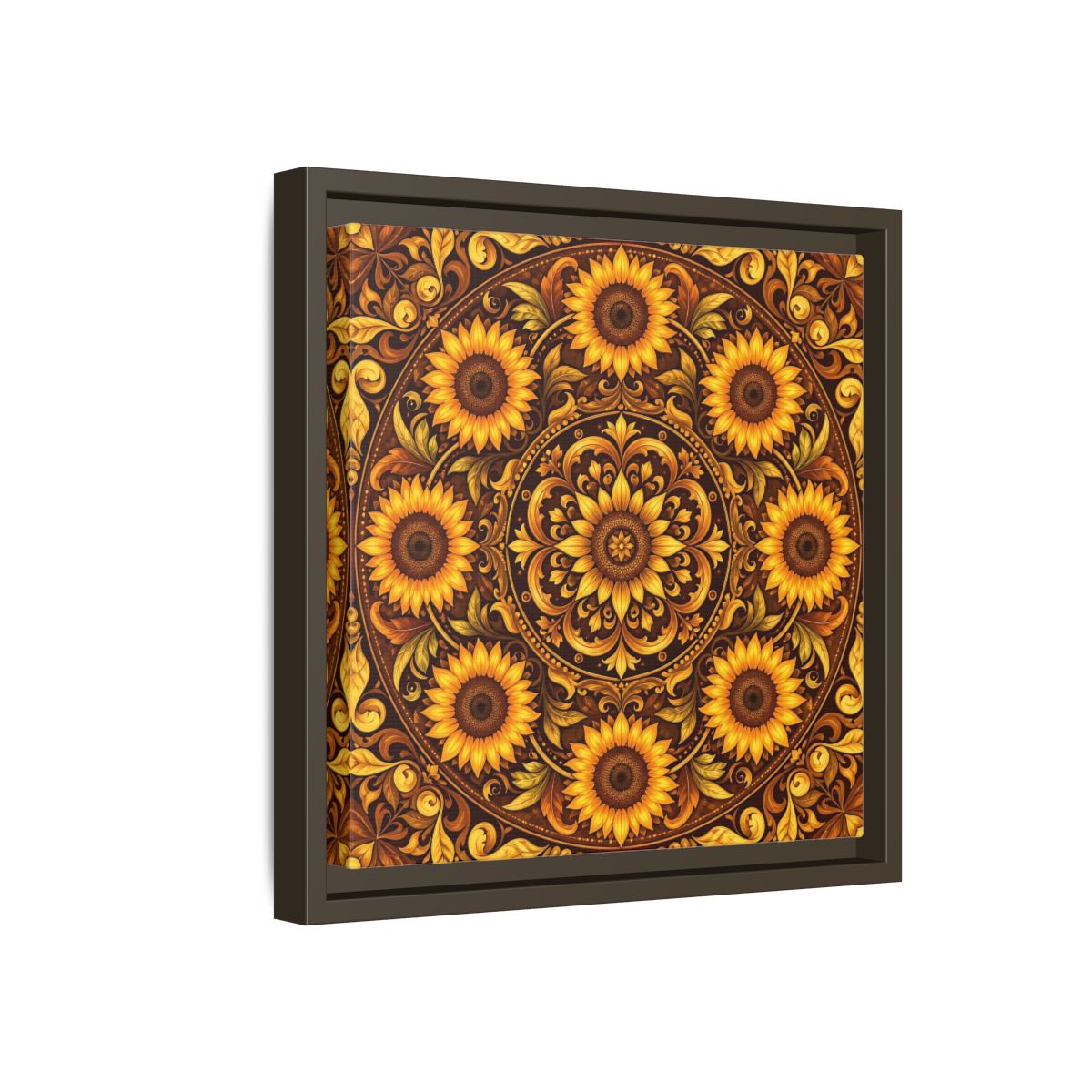 Side Mockup 17. Nature Sunflowers Brown And Gold Sunflower shown as framed canvas print