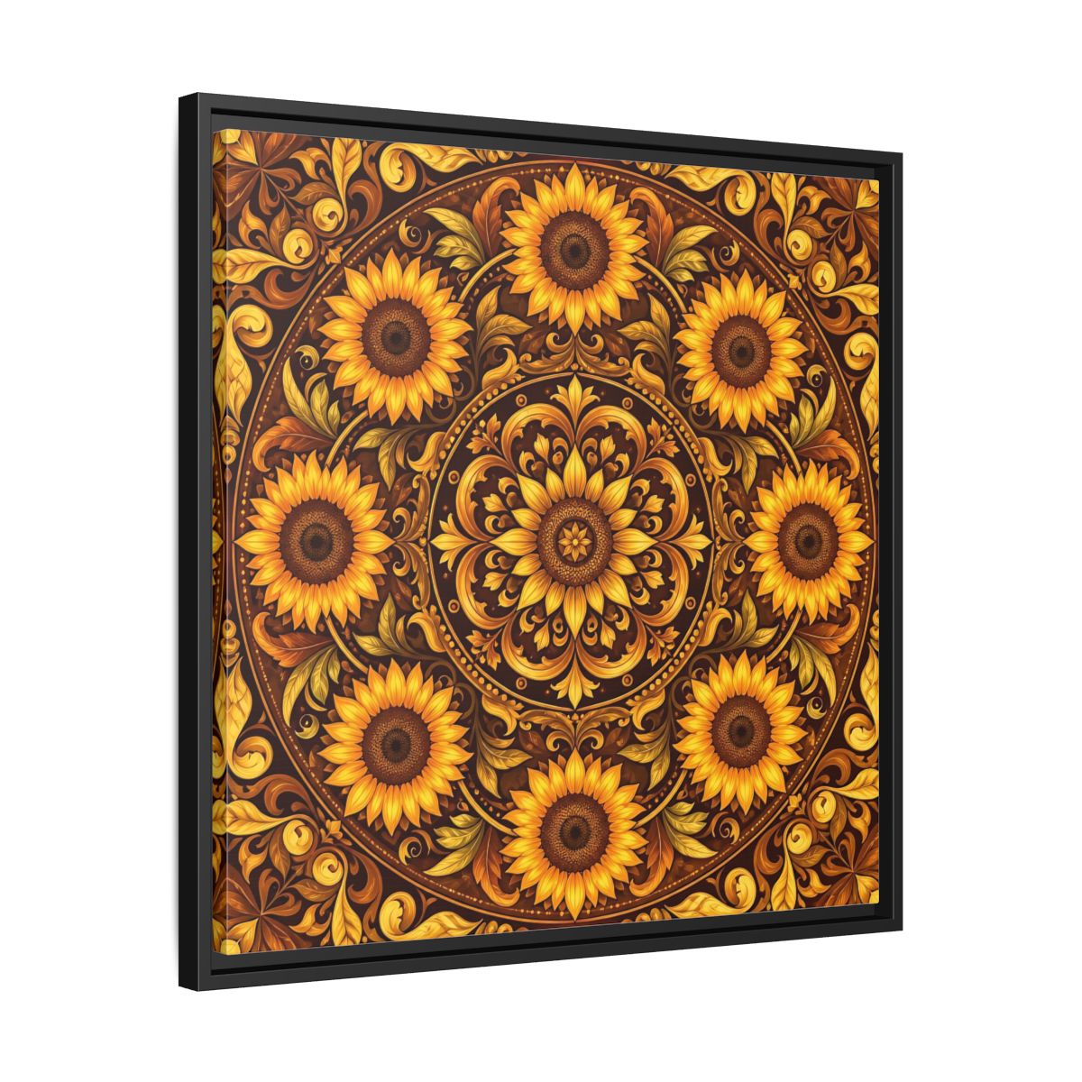 Side Mockup 31. Nature Sunflowers Brown And Gold Sunflower shown as framed canvas print