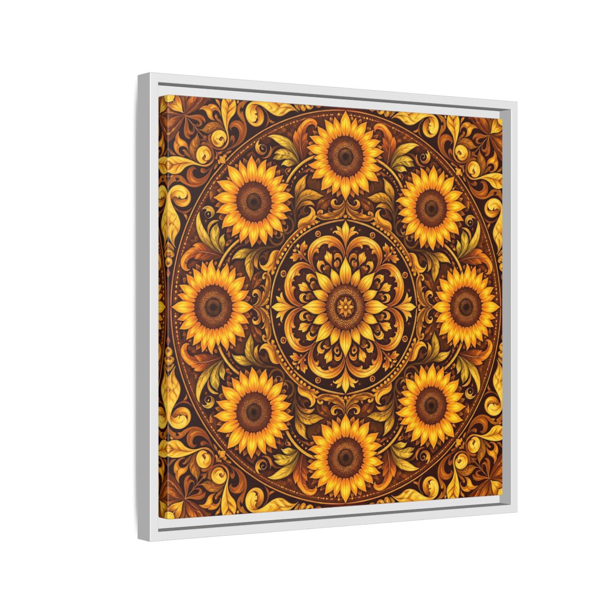 Side Mockup 10. Nature Sunflowers Brown And Gold Sunflower shown as framed canvas print