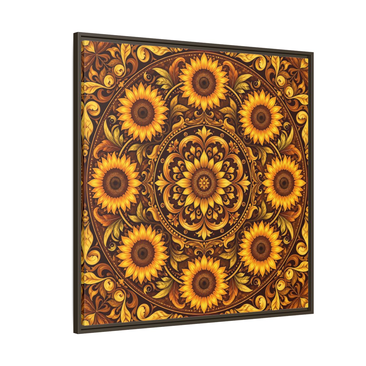 Side Mockup 5. Nature Sunflowers Brown And Gold Sunflower shown as framed canvas print