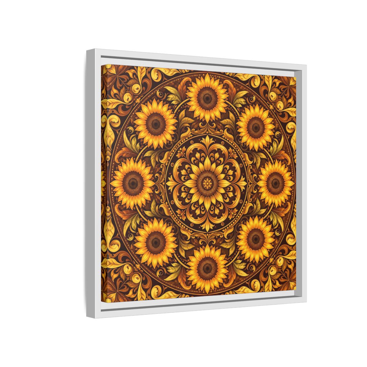 Side Mockup 13. Nature Sunflowers Brown And Gold Sunflower shown as framed canvas print