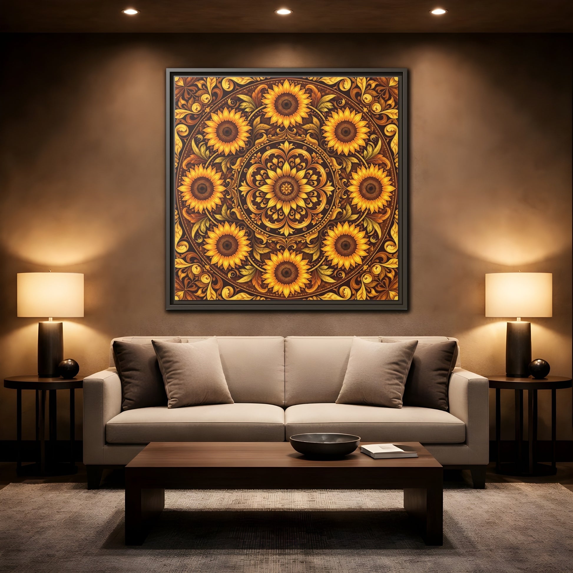 Mockup 2. Nature Sunflowers Brown And Gold Sunflower shown as framed canvas print
